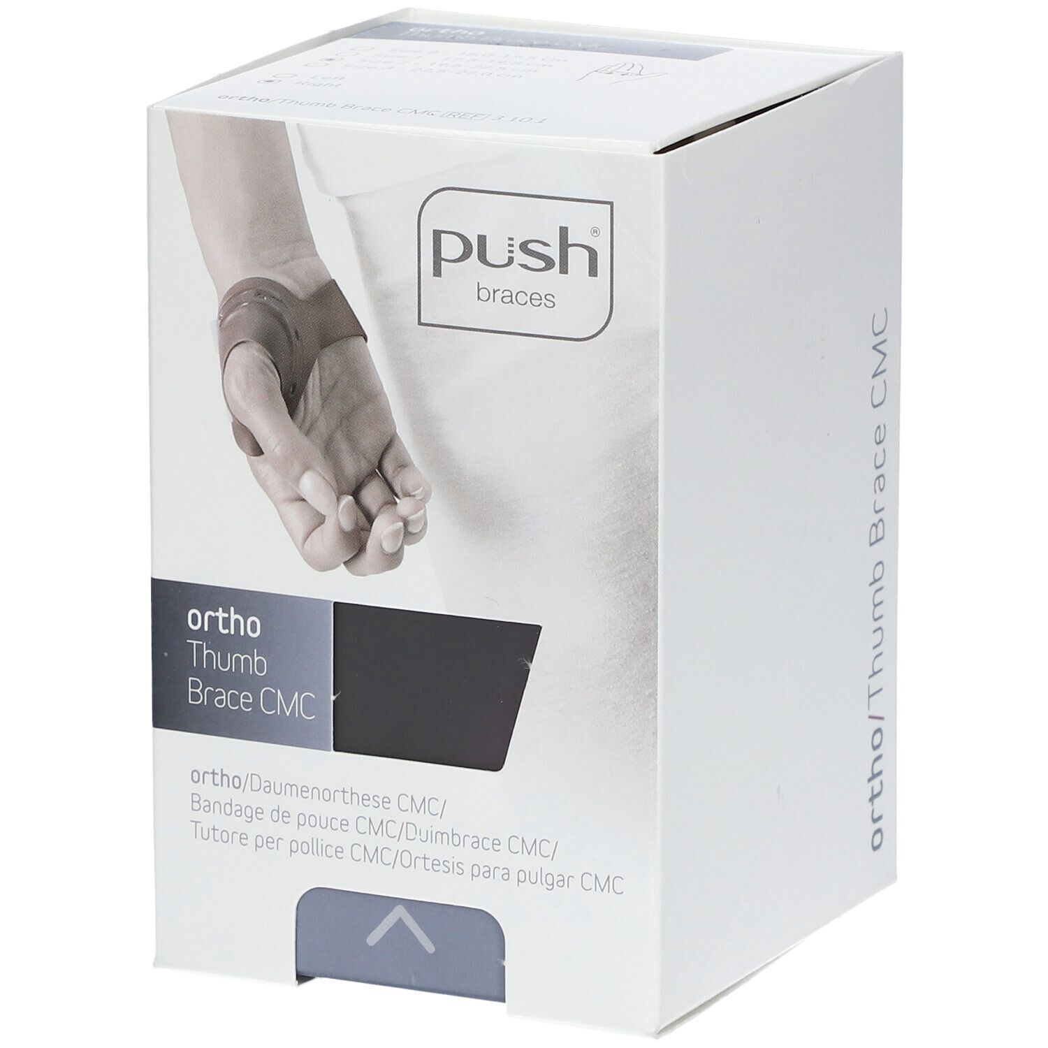 Ortho Daumenorthese CMC, Verpackung. Marke: push braces. Produktabbildung auf der Verpackung.