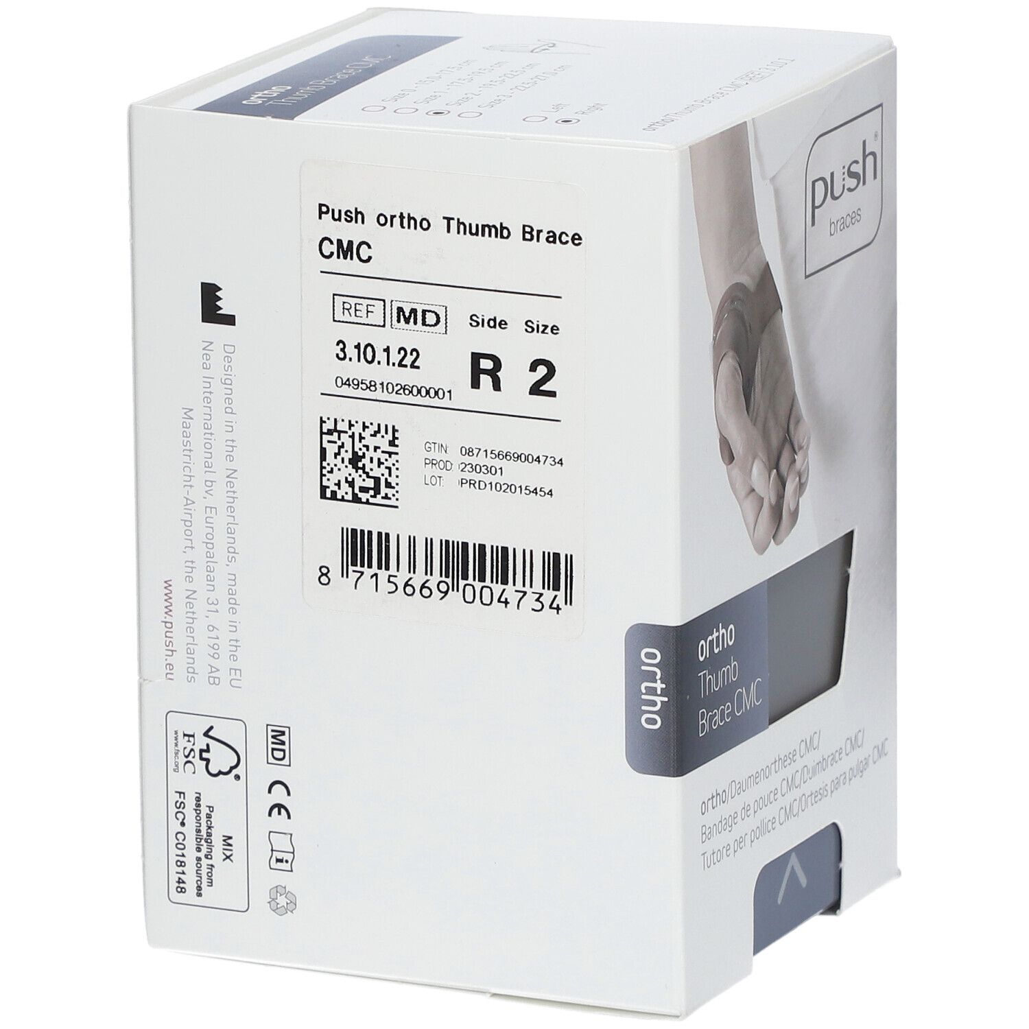 Verpackung, Ortho Daumenorthese CMC. Marke: push braces. Produktinformationen, Größe R2.