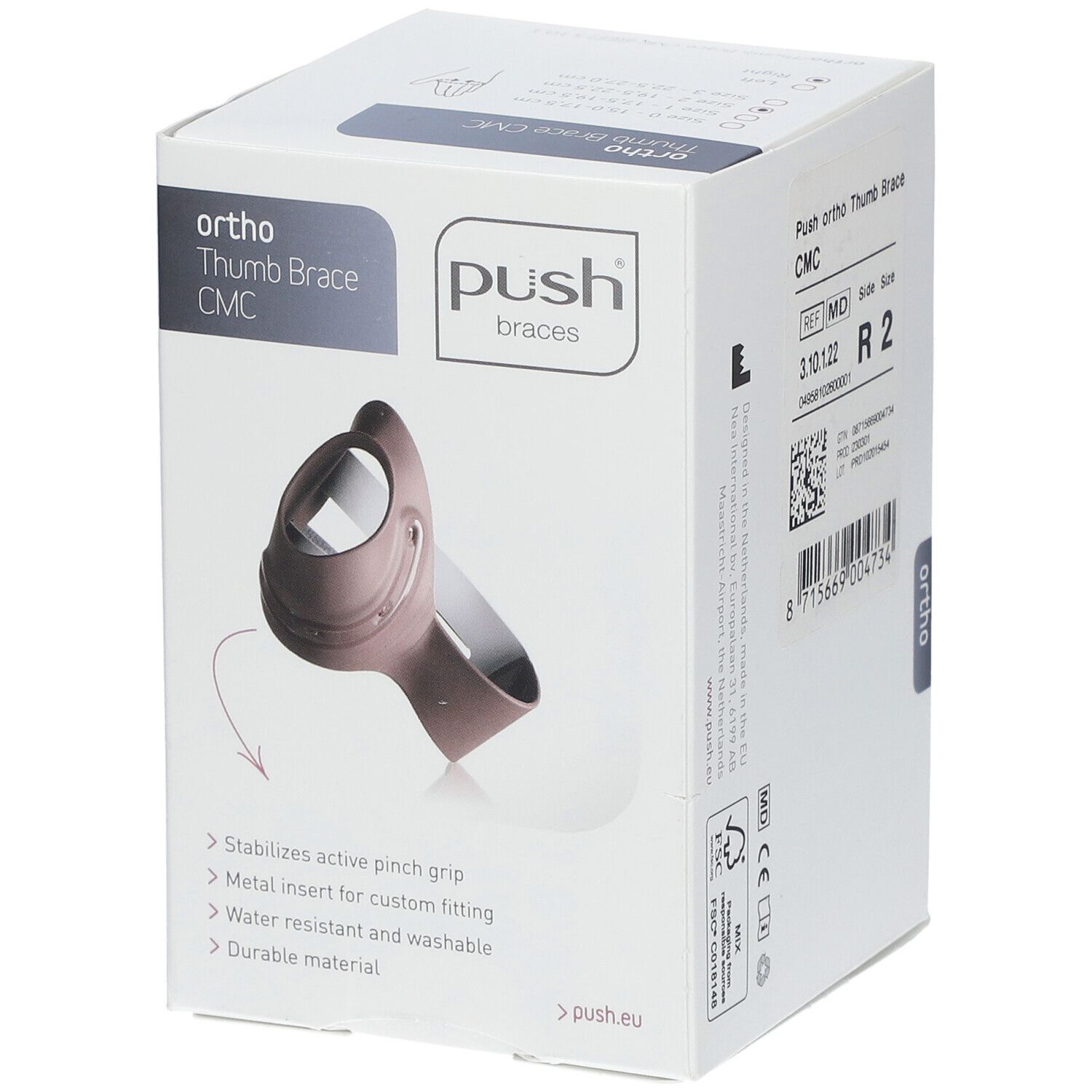 Verpackung, Ortho Daumenorthese CMC. Marke: push braces. Produkt abgebildet. Eigenschaften: aktiver Griff, Metall.