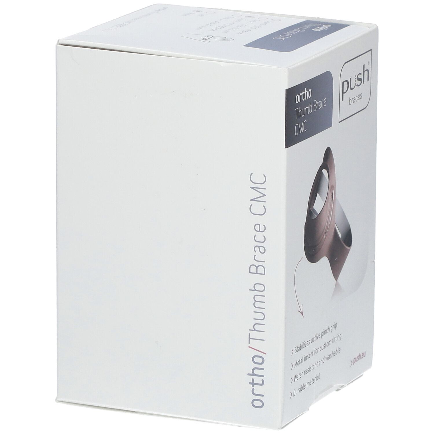 Verpackung, Ortho Daumenorthese CMC. Marke: push braces. Produkt abgebildet. Eigenschaften: aktiver Griff, Metall.