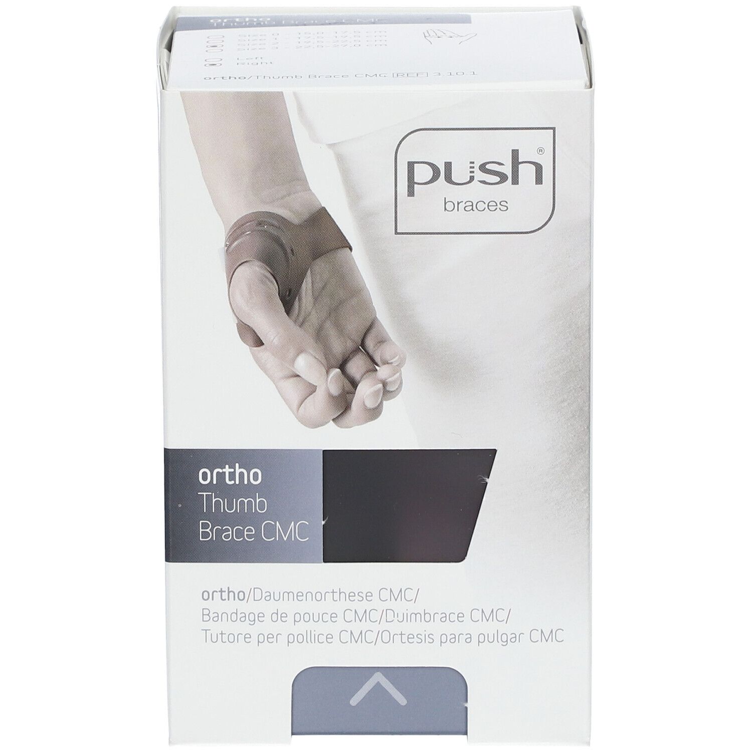 Verpackung, Ortho Daumenorthese CMC. Marke: push braces. Produktabbildung auf der Verpackung.