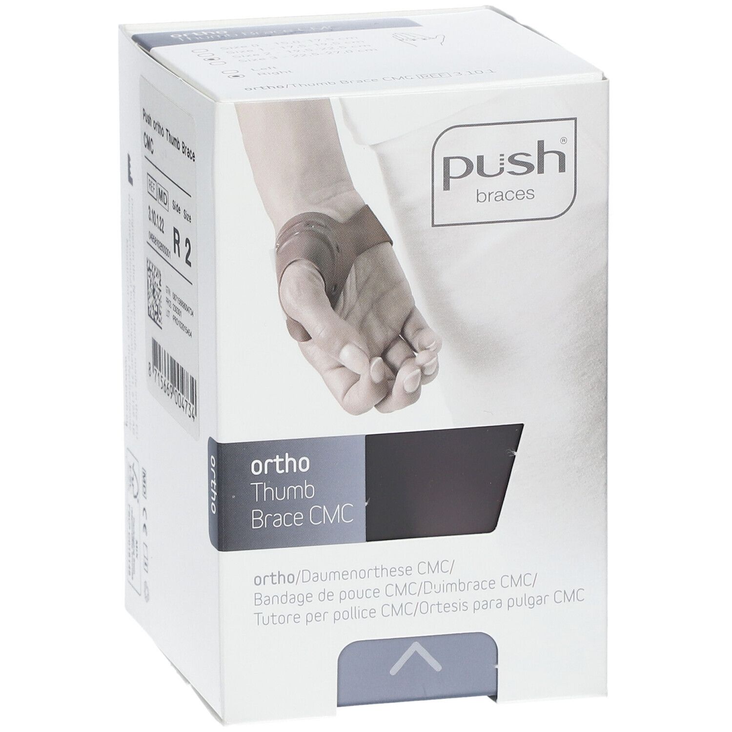 Verpackung, Ortho Daumenorthese CMC. Marke: push braces. Produktabbildung auf der Verpackung.