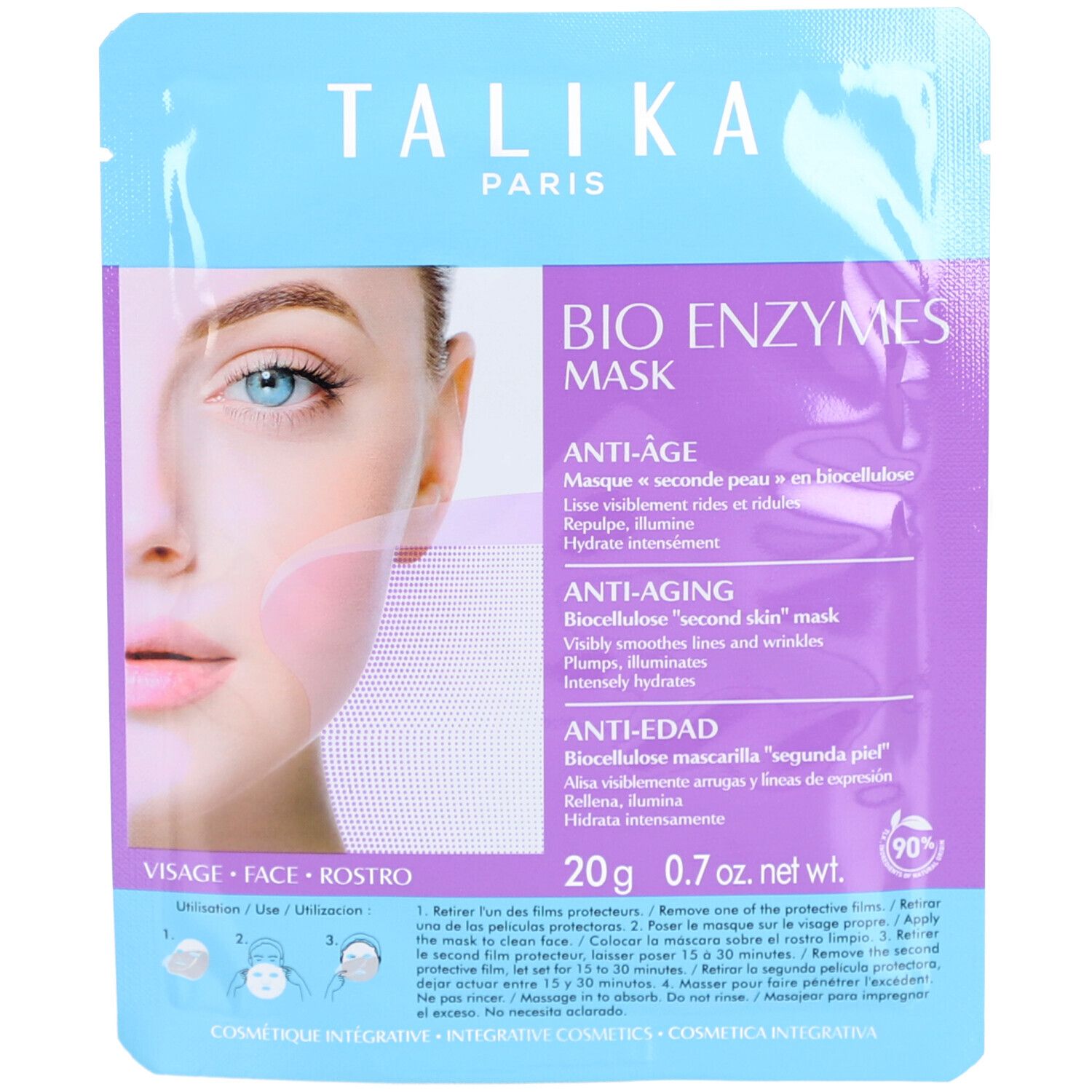 TALIKA Bio Enzymes Mask Anti-Aging gezichtsmasker. Verpakking met tekst en gezichtsillustratie.