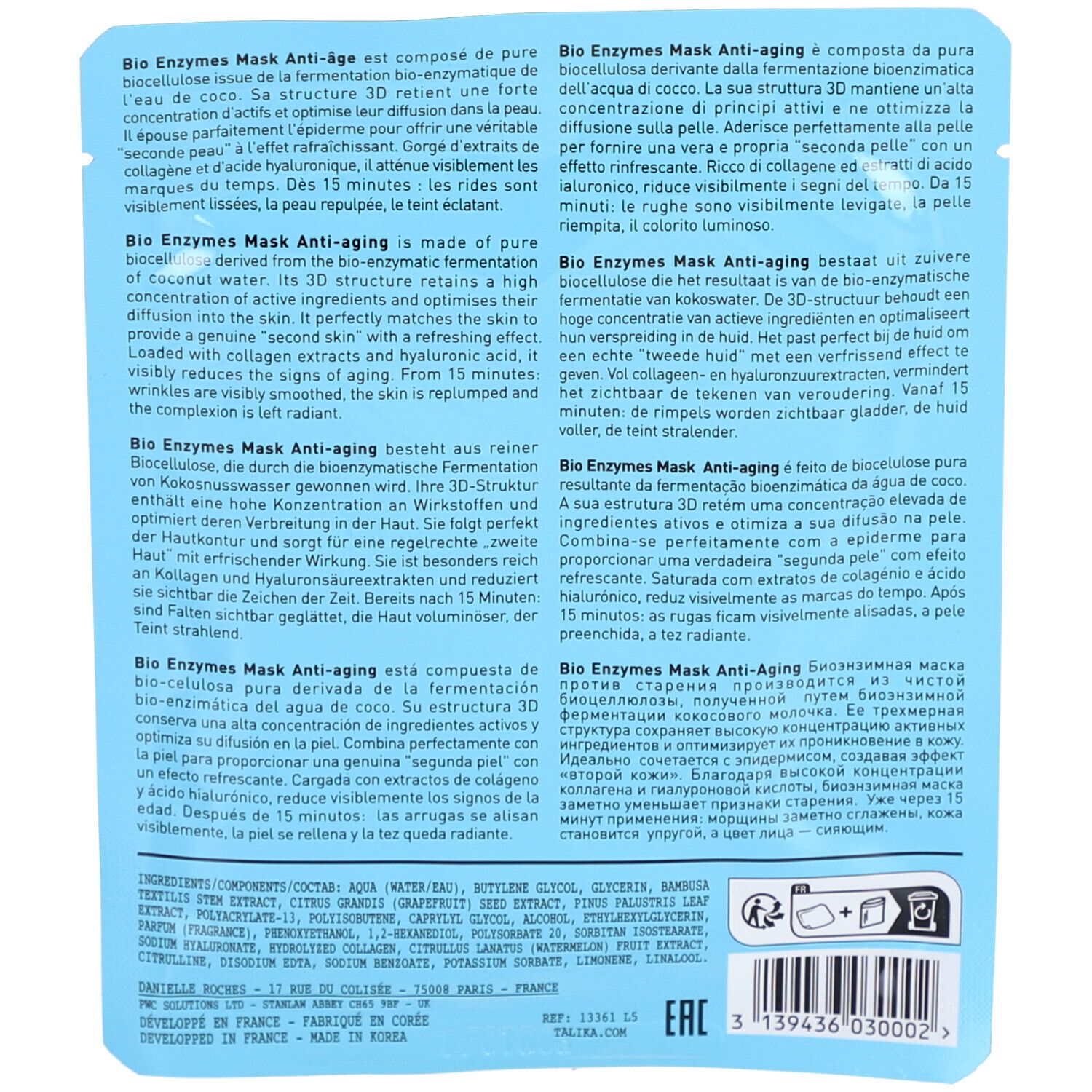 Achterkant van de TALIKA Bio Enzymes Mask Anti-Aging verpakking. Meertalige tekst.