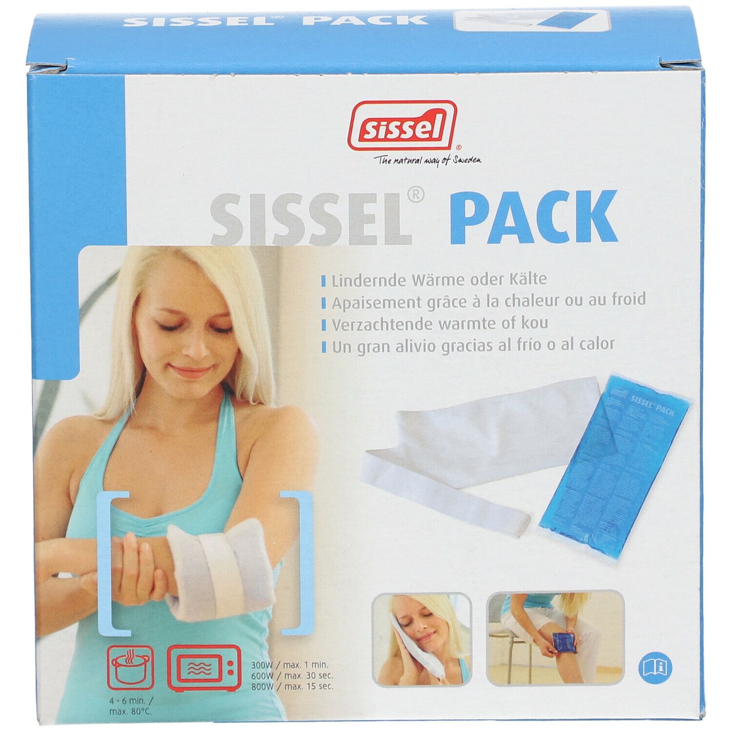 Blauwe doos Sissel Pack. Bevat kompres, hoes en band. Vrouw met kompres op arm afgebeeld.