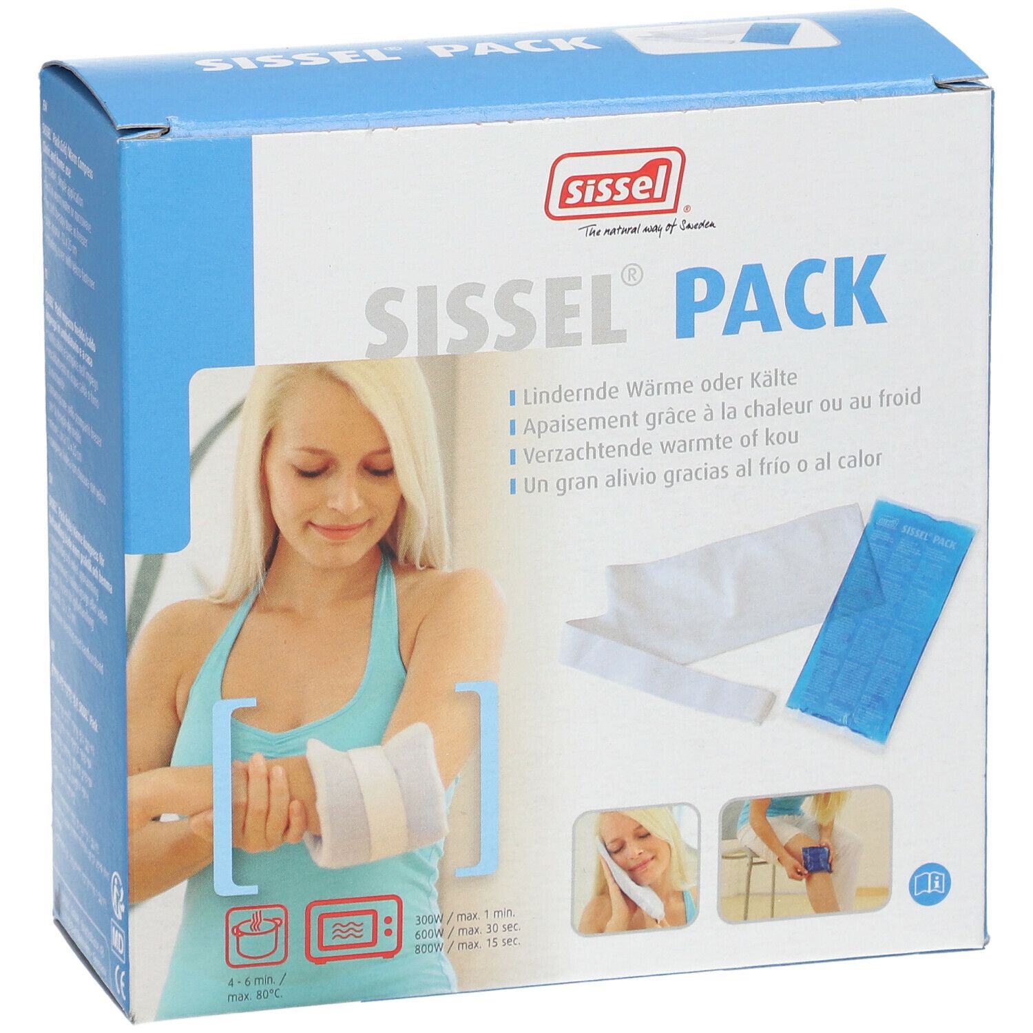 Blauwe doos Sissel Pack. Bevat kompres, hoes en band. Vrouw met kompres op arm afgebeeld.