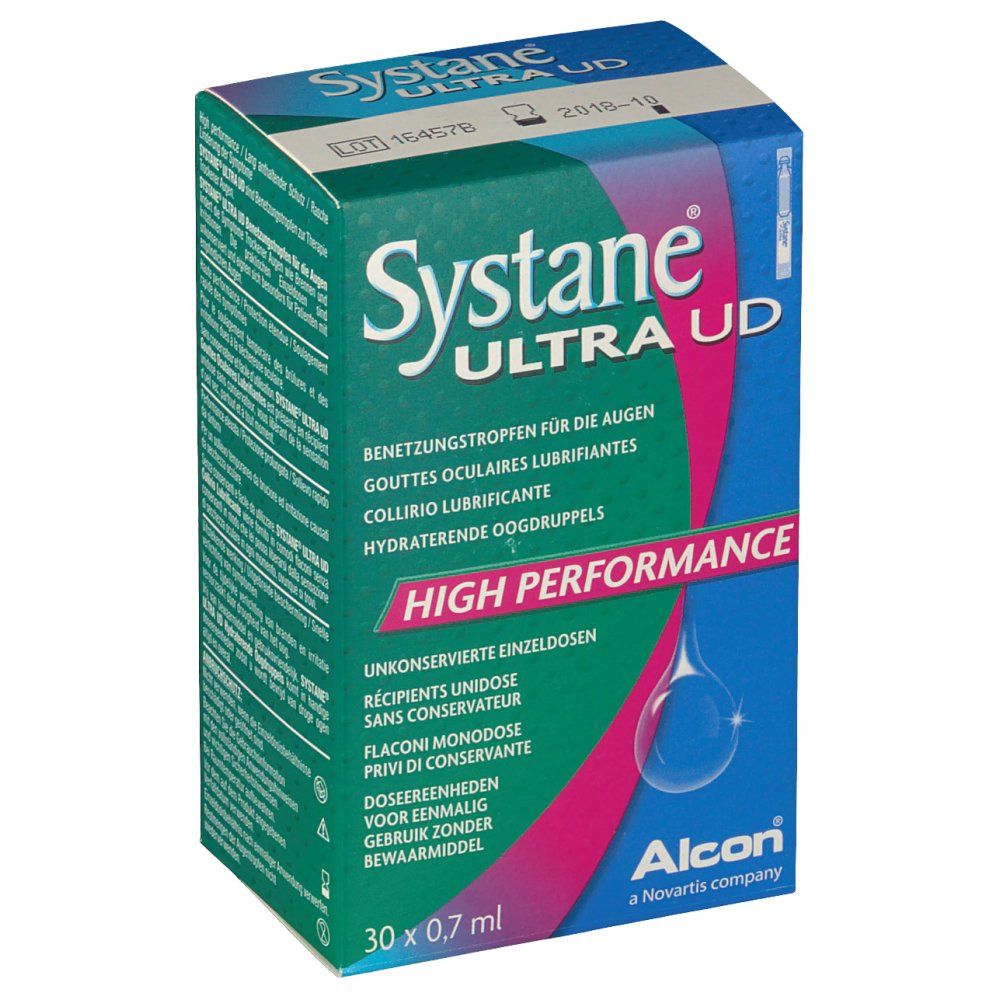 Verpakking van Systane Ultra UD. Groen-blauwe doos met productnaam en details. 30 x 0,7 ml.