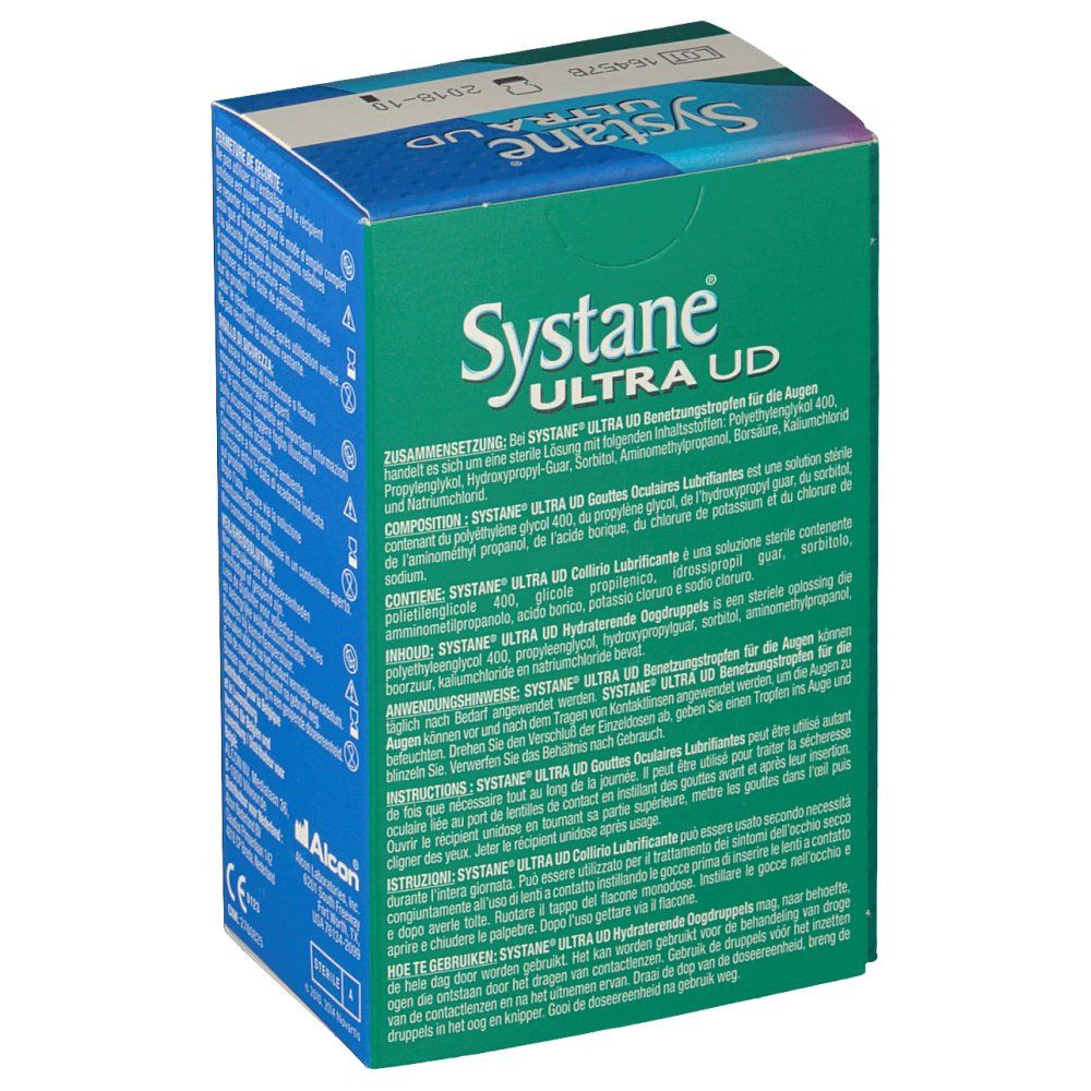 Zijaanzicht van de Systane Ultra UD verpakking. Meertalige tekst, ingrediënten en gebruiksaanwijzing.