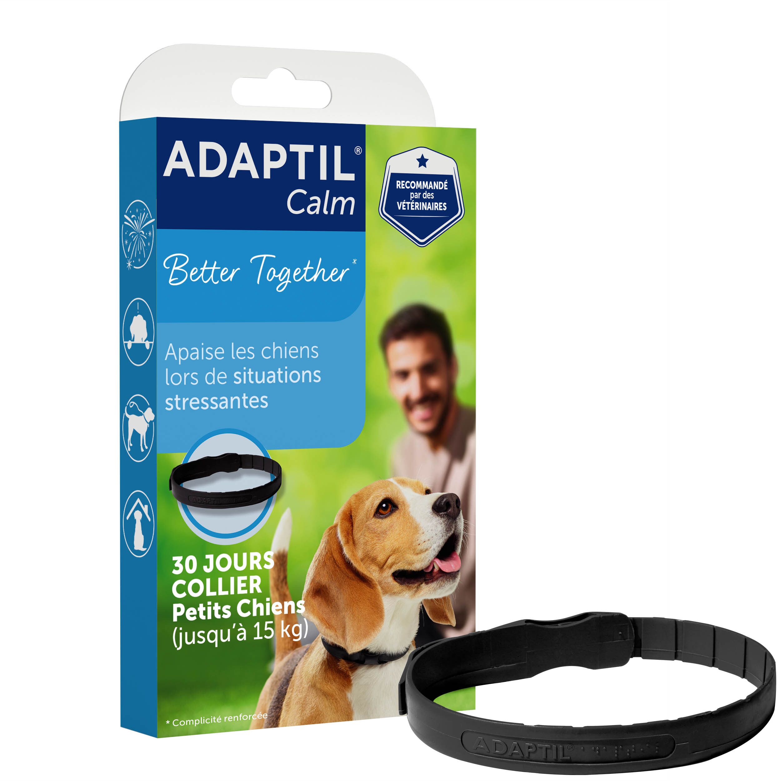 Boîte ADAPTIL Calm Collier. Homme et chien. Texte: Better Together. Collier 30 jours.
