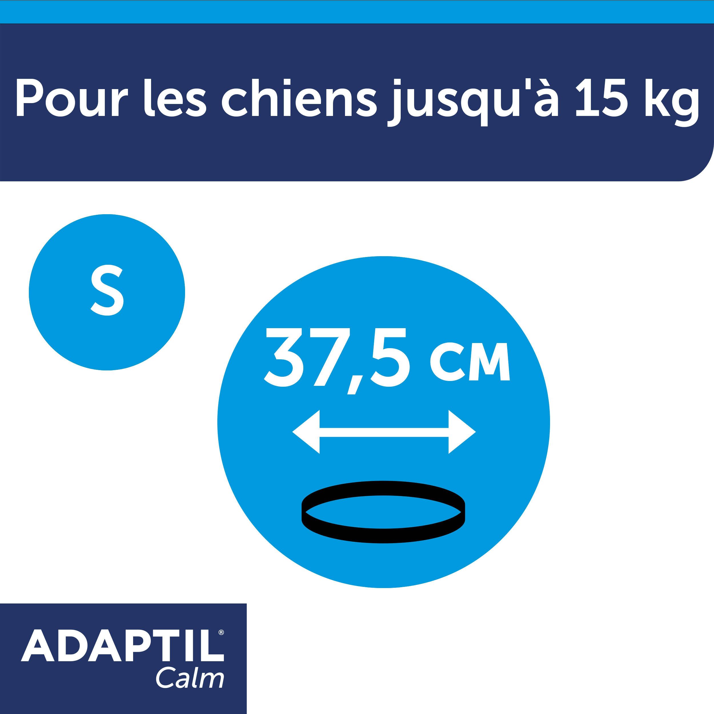 Texte: Pour les chiens jusqu'à 15 kg. Cercle avec 37,5 cm. Logo ADAPTIL Calm.