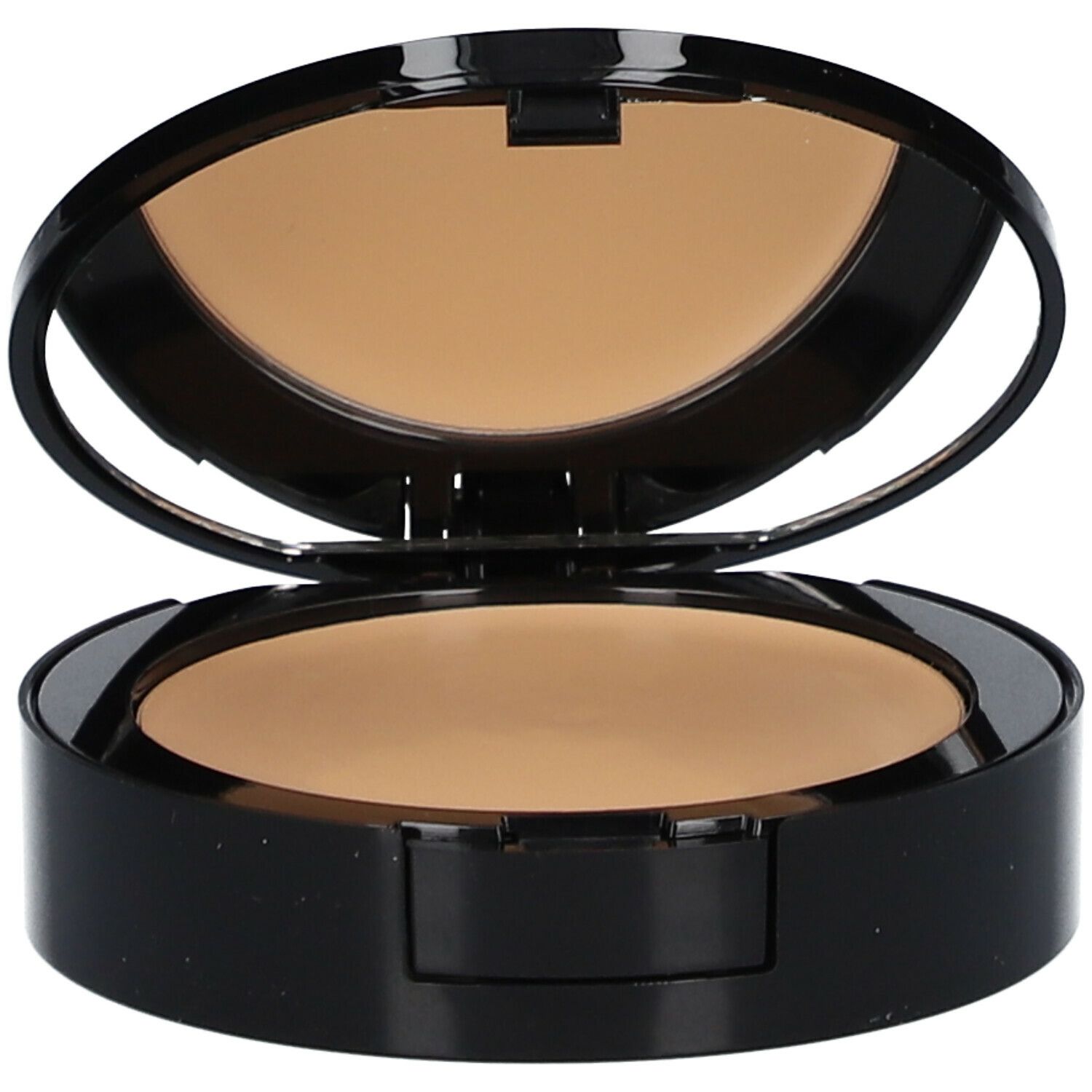 Make-up compatto nero aperto con specchio. Polvere beige visibile. Marchio non visibile.