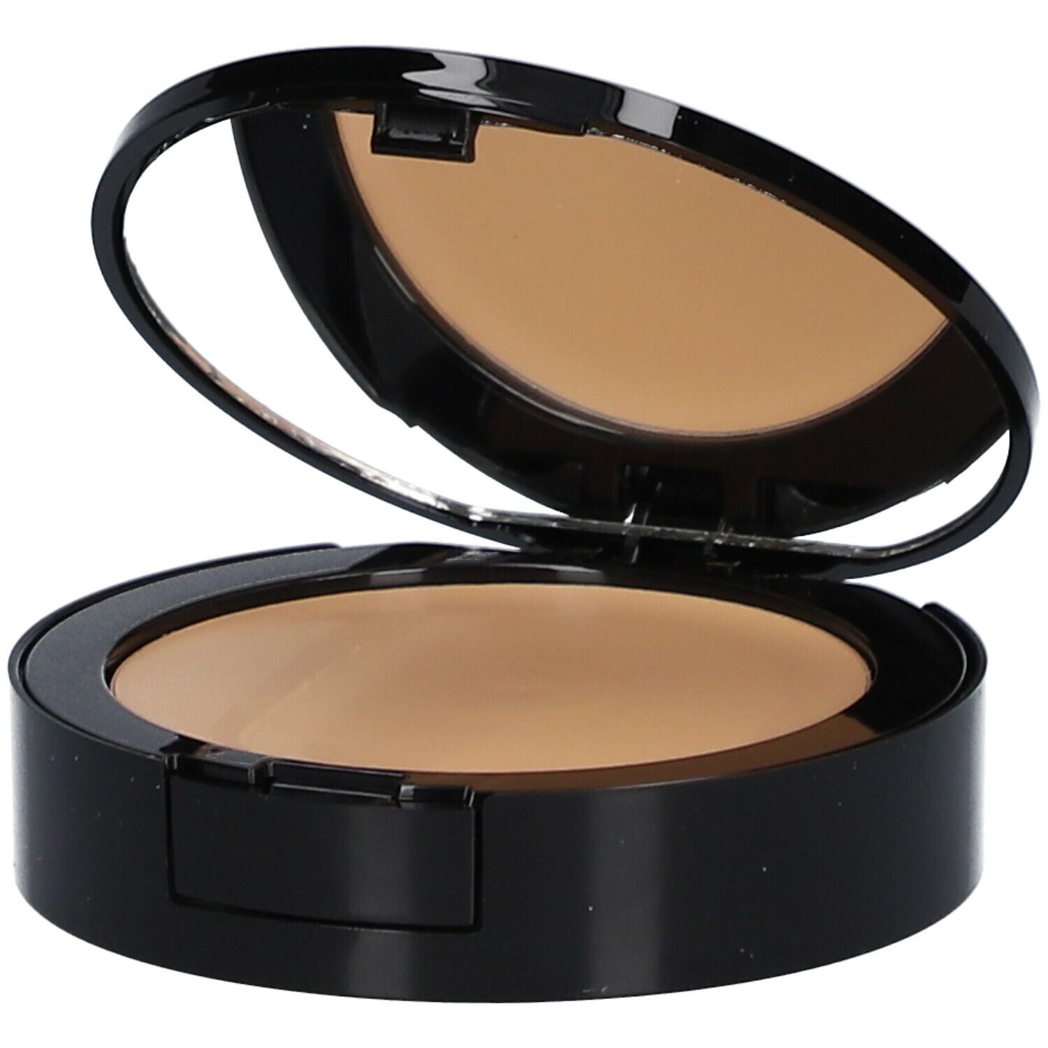 Make-up compatto nero aperto con specchio. Polvere beige visibile. Marchio non visibile.