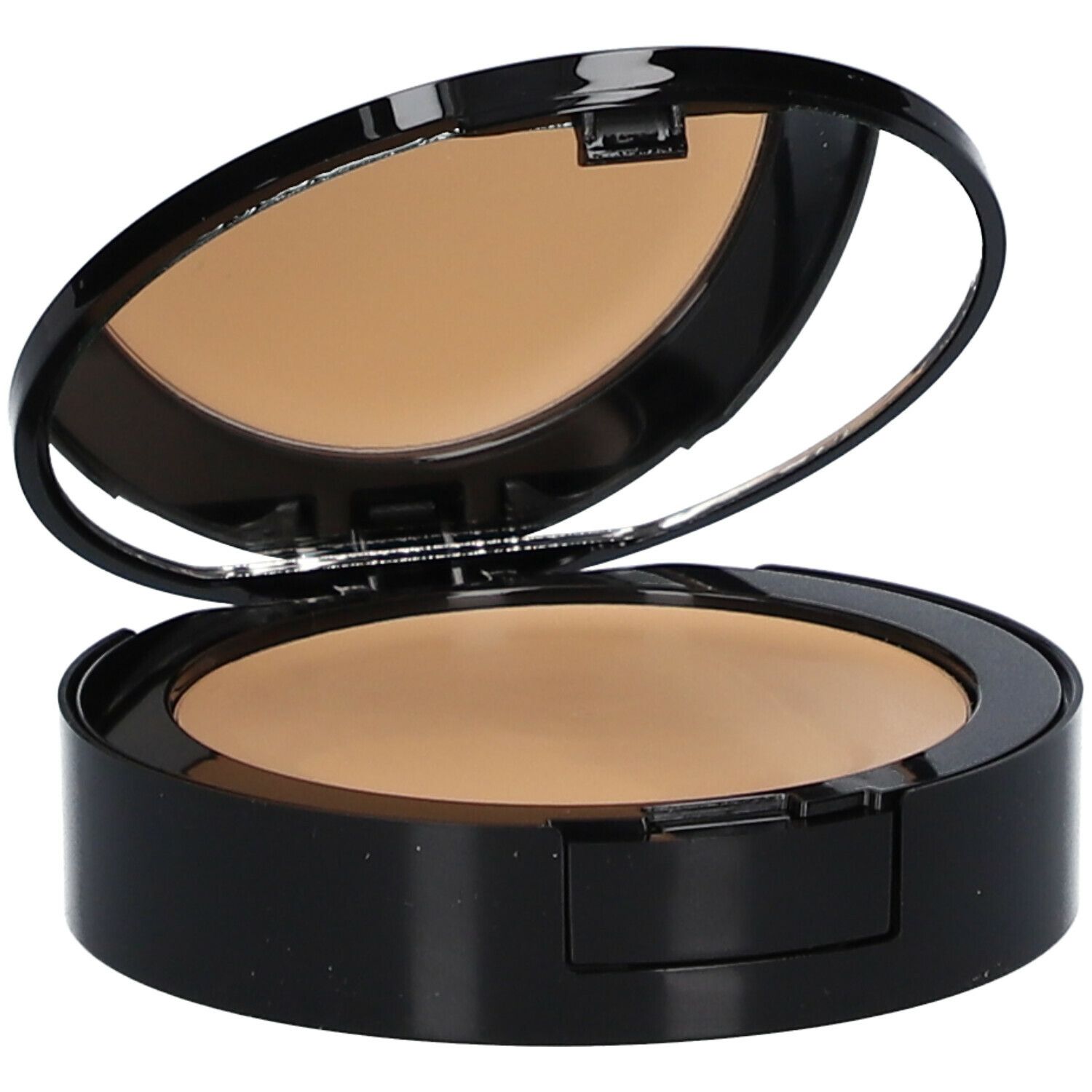 Make-up compatto nero aperto con specchio. Polvere beige visibile. Marchio non visibile.