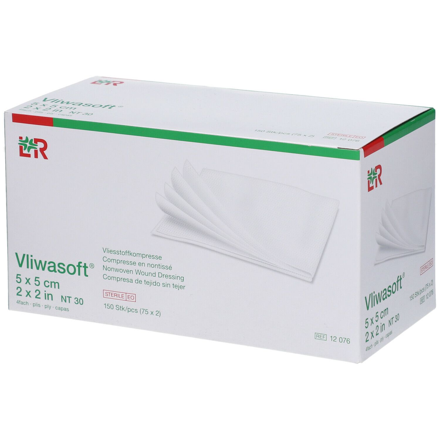 Boîte de pansements Vliwasoft. Compresses blanches sur l'emballage. Inscription : 5 x 5 cm, 2 x 2 in, NT 30. Emballage avec accent vert.