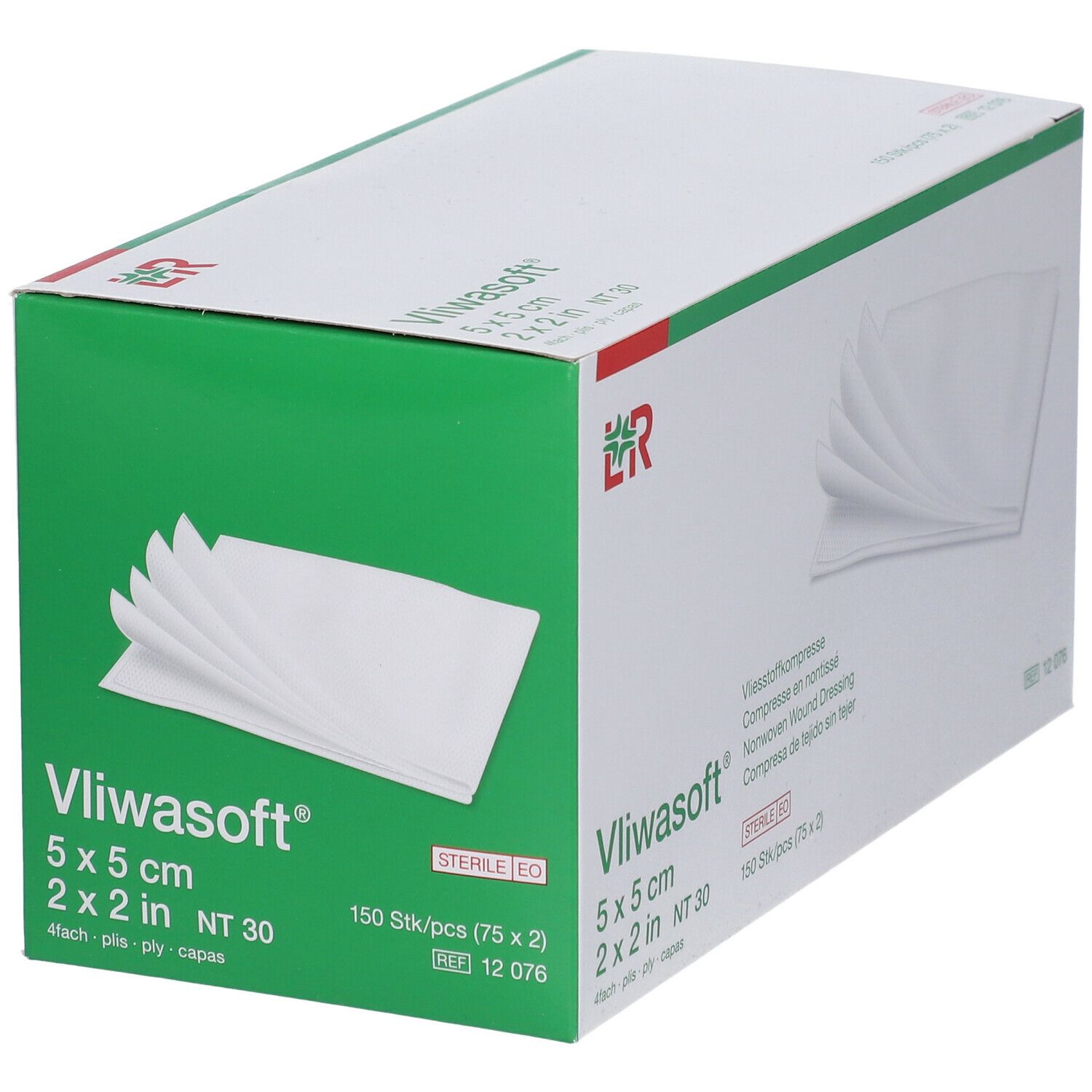 Boîte de pansements Vliwasoft. Compresses blanches sur l'emballage. Inscription : 5 x 5 cm, 2 x 2 in, NT 30. Emballage avec accent vert.