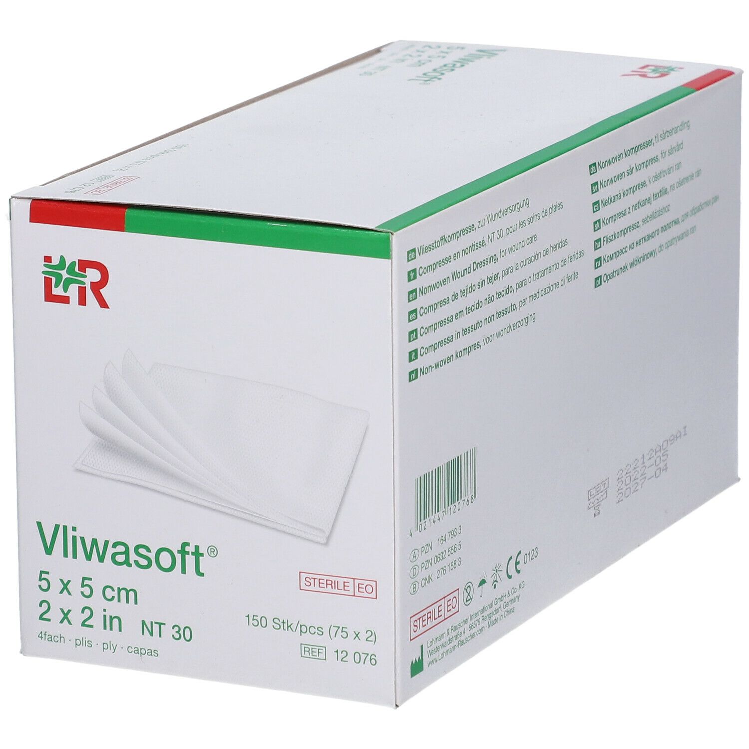 Boîte de pansements Vliwasoft. Compresses blanches sur l'emballage. Inscription : 5 x 5 cm, 2 x 2 in, NT 30. Emballage avec accent vert.