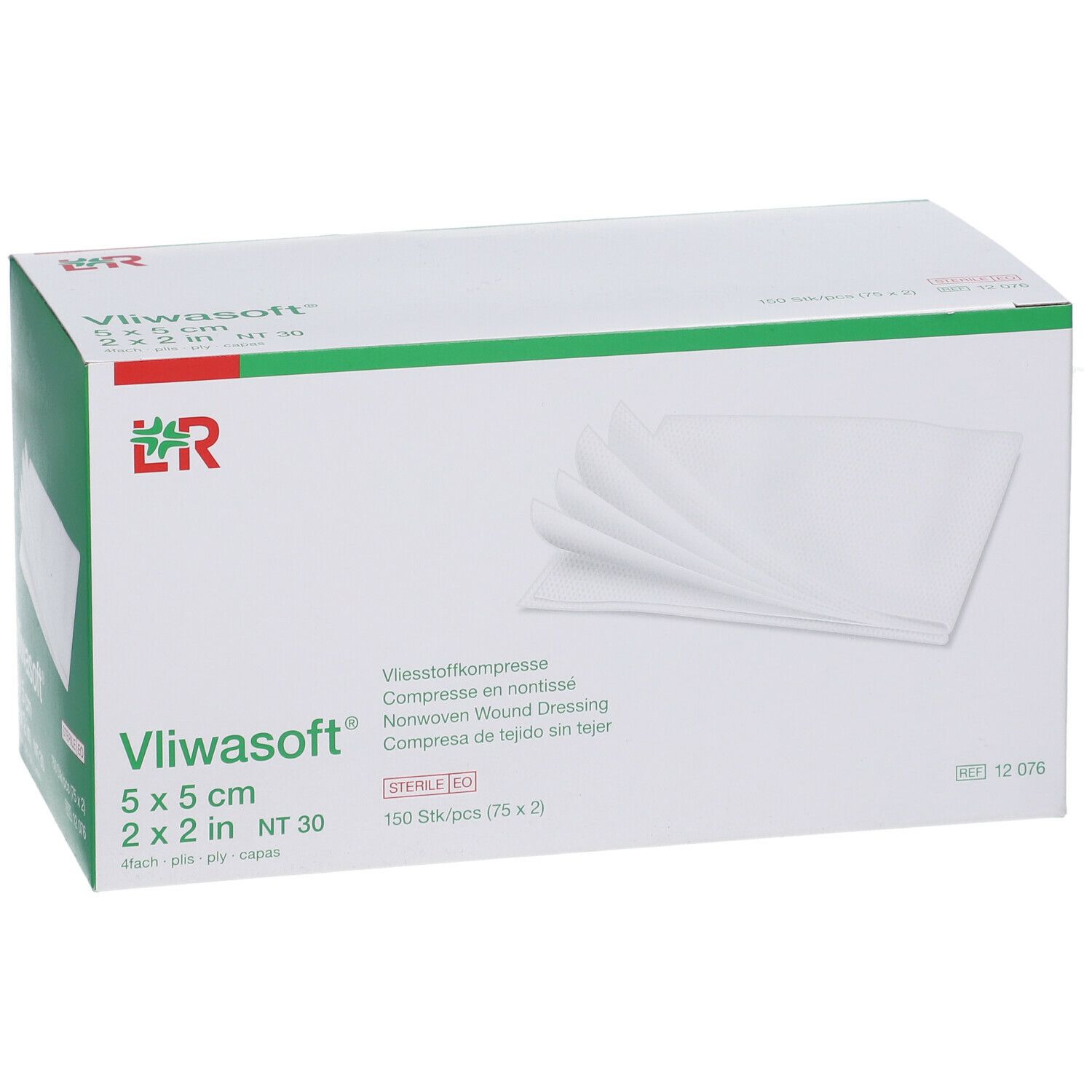 Boîte de pansements Vliwasoft. Compresses blanches sur l'emballage. Inscription : 5 x 5 cm, 2 x 2 in, NT 30. Emballage avec accent vert.
