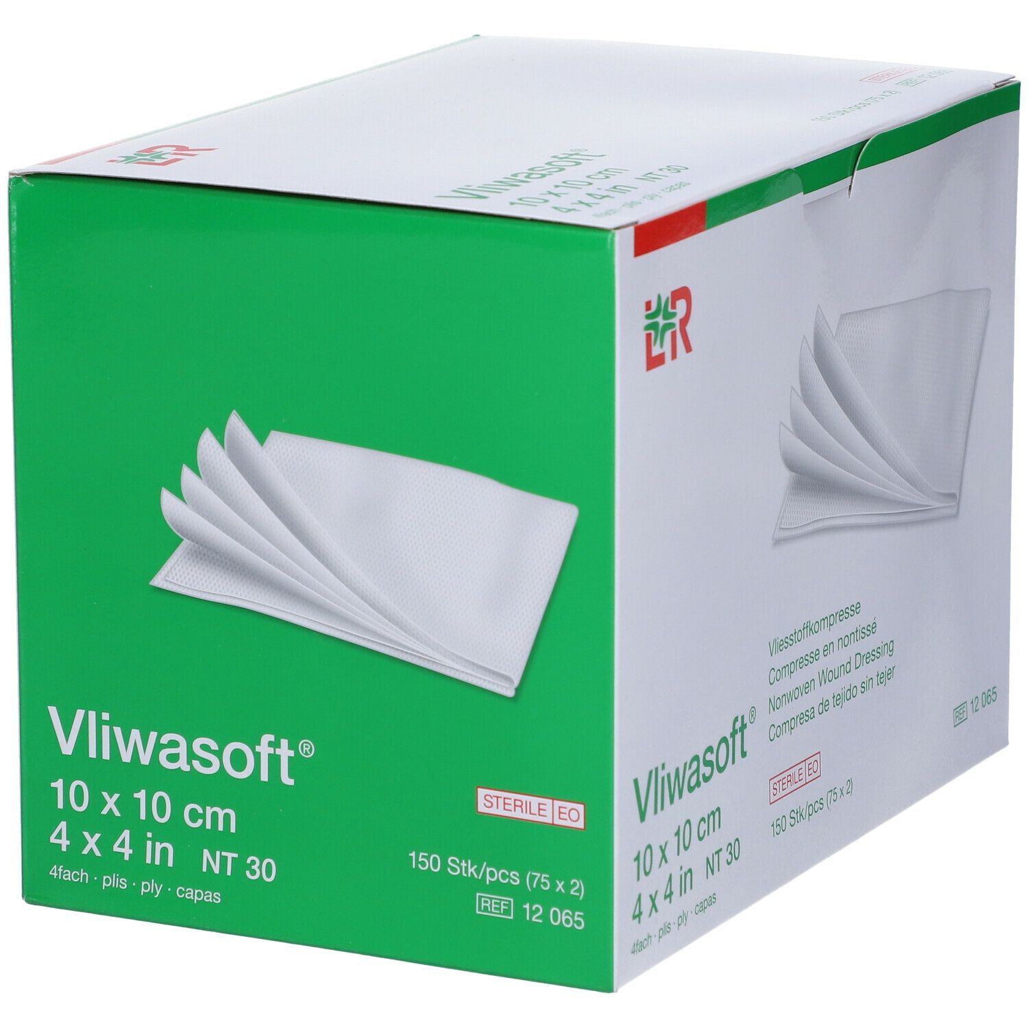 Verpakking Vliwasoft 10 x 10 cm. Witte kompressen komen uit de doos. Opschriften: Vliwasoft, 10 x 10 cm, steriel, 150 stuks.