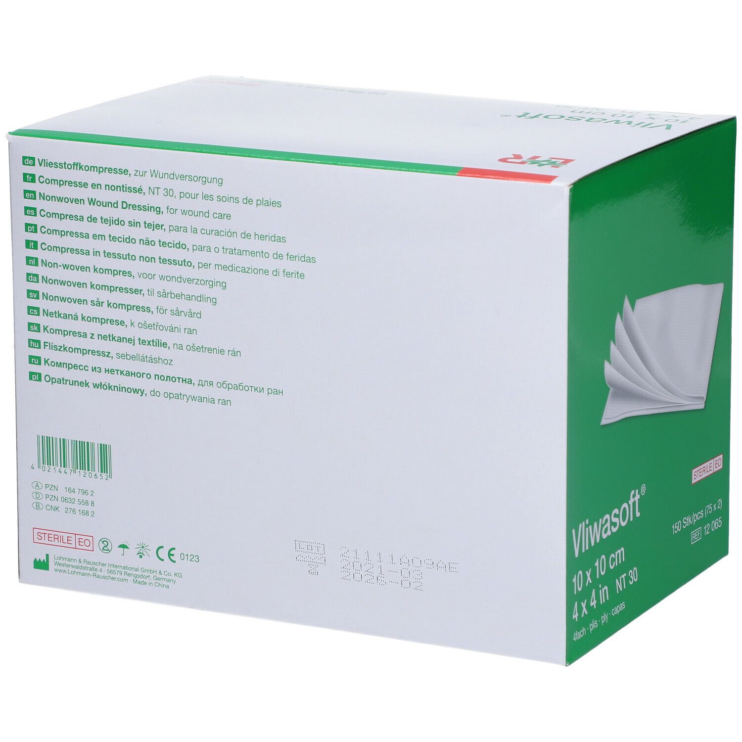 Verpakking Vliwasoft 10 x 10 cm. Achterkant met meertalige productinformatie. Opschriften: Vliwasoft, 10 x 10 cm, steriel, 150 stuks.