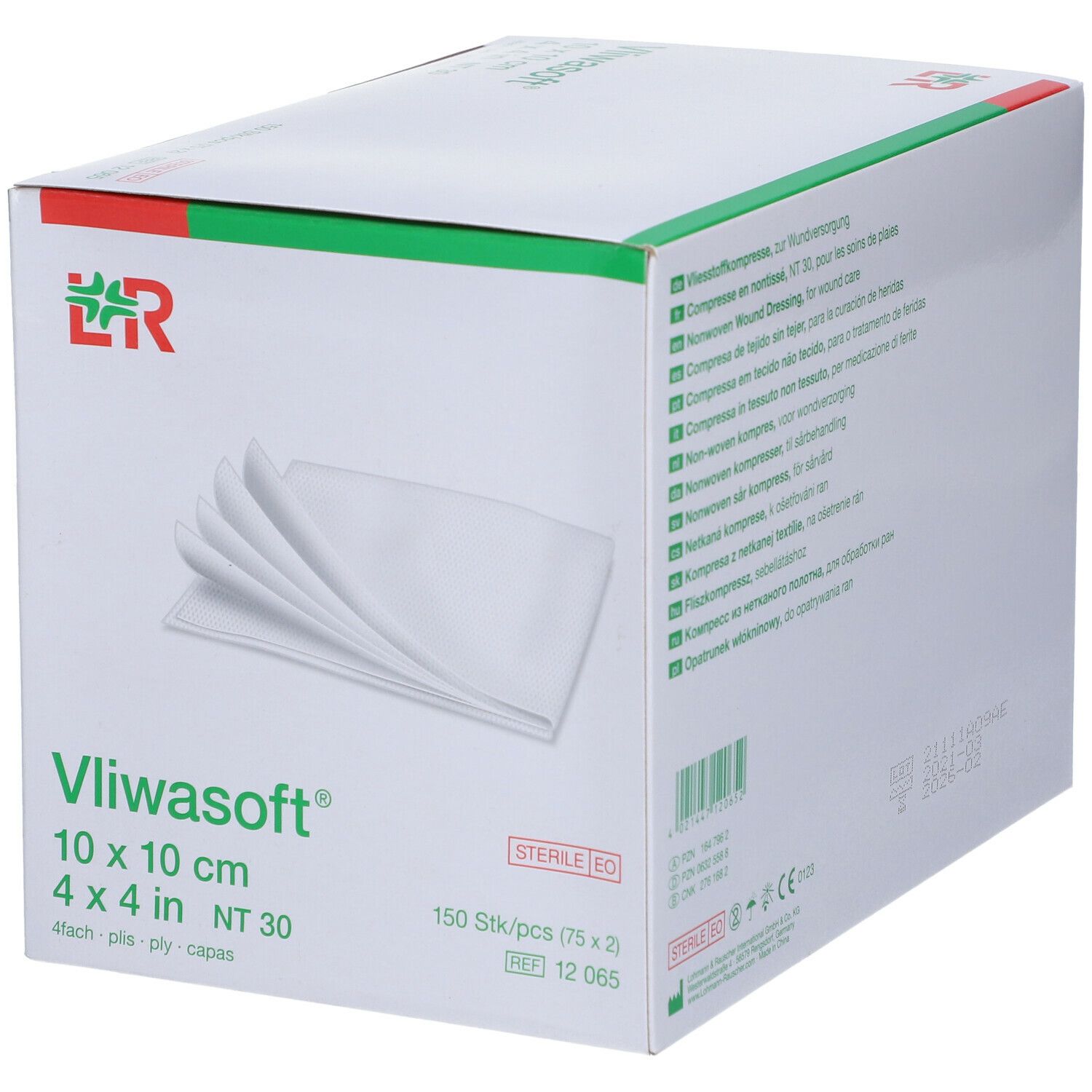 Verpakking Vliwasoft 10 x 10 cm. Witte kompressen komen uit de doos. Opschriften: Vliwasoft, 10 x 10 cm, steriel, 150 stuks.