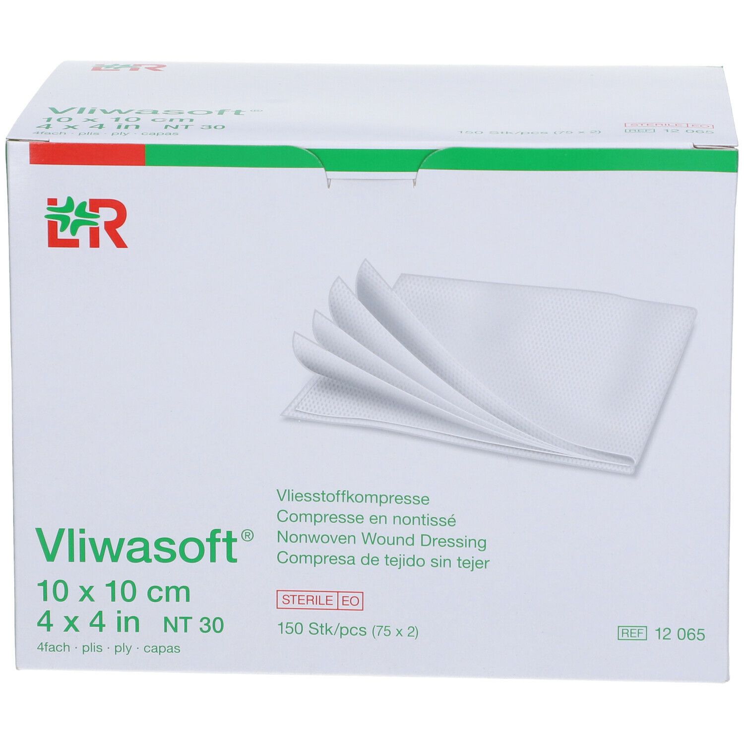 Verpakking Vliwasoft 10 x 10 cm. Witte kompressen komen uit de doos. Opschriften: Vliwasoft, 10 x 10 cm, steriel, 150 stuks.