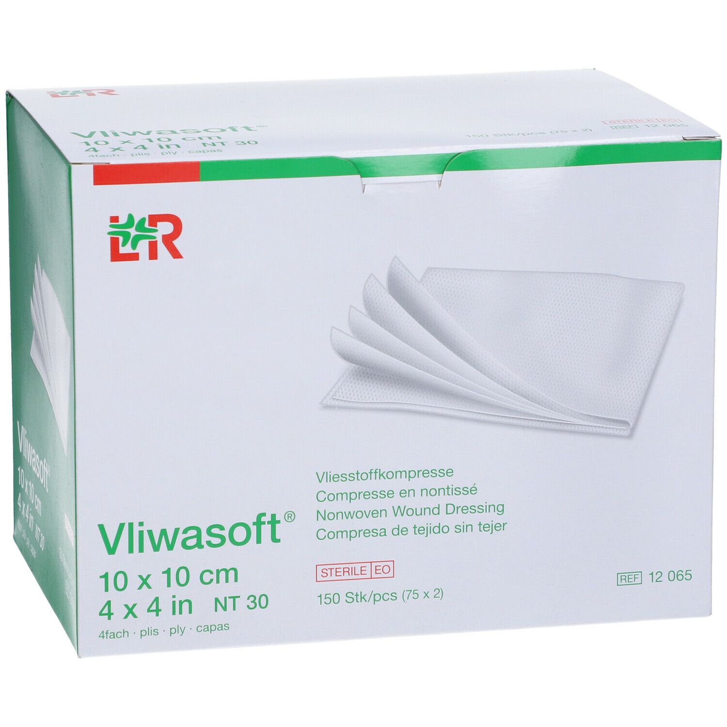 Verpakking Vliwasoft 10 x 10 cm. Witte kompressen komen uit de doos. Opschriften: Vliwasoft, 10 x 10 cm, steriel, 150 stuks.
