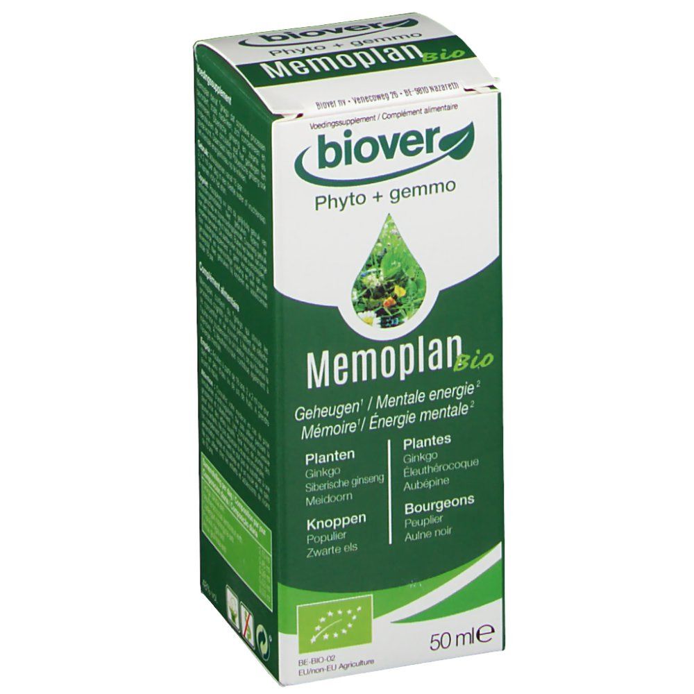 Groene verpakking met productnaam en logo. Bevat informatie over ingrediënten en volume. Bio-certificering.