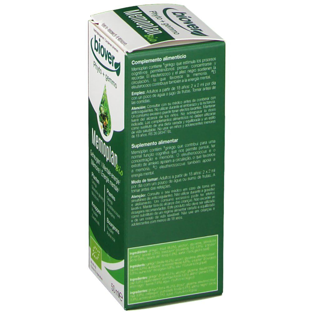 Zijaanzicht van de groene productverpakking. Tekstinformatie in meerdere talen. Bio-certificering.