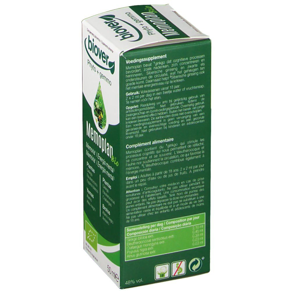 Zijaanzicht van de groene productverpakking. Tekstinformatie in meerdere talen. Bio-certificering.