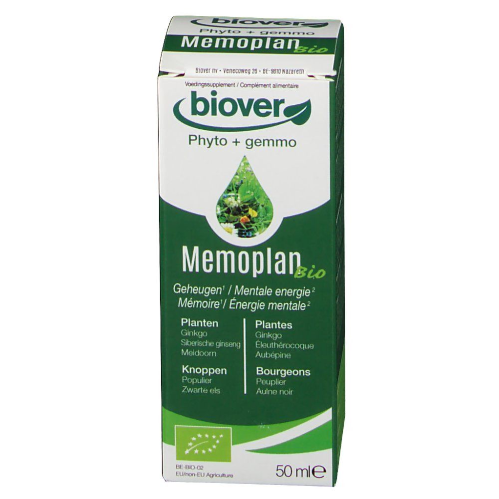 Groene verpakking met productnaam en logo. Bevat informatie over ingrediënten en volume. Bio-certificering.