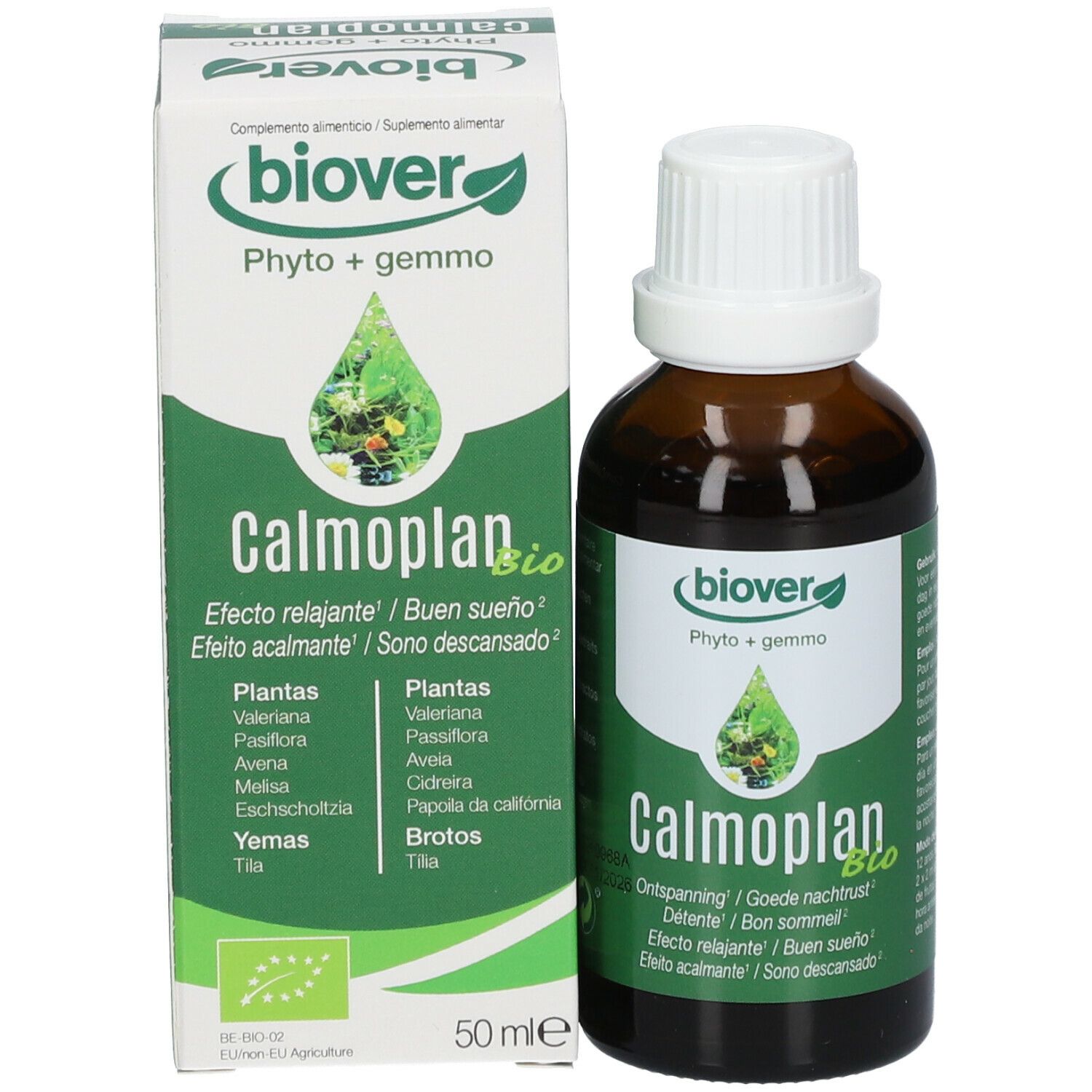 Flacon et emballage du produit. Emballage avec nom du produit, logo et ingrédients. Flacon à côté.