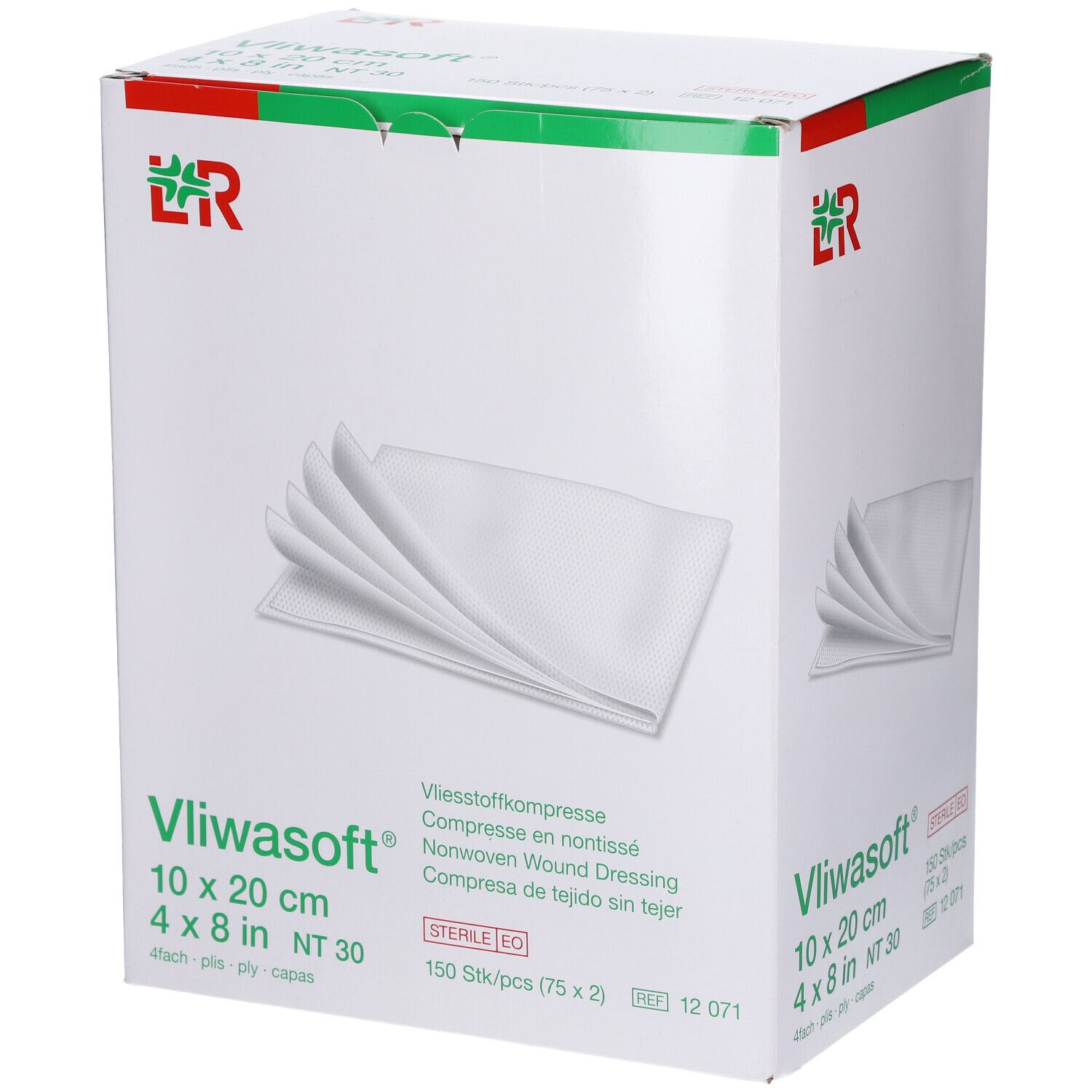 Vliwasoft verbanddoos. 10 x 20 cm, 4 x 8 inch. 150 stuks. Steriel EO. Kompressen zichtbaar op de verpakking.