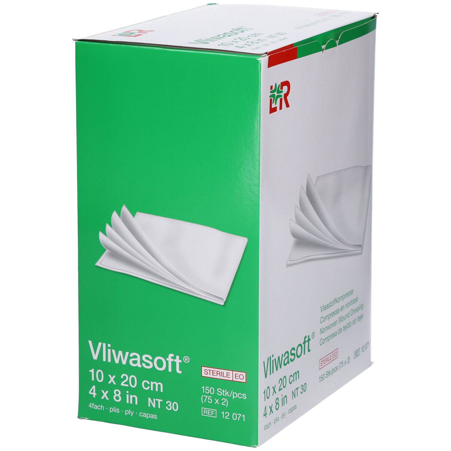 Vliwasoft verbanddoos. 10 x 20 cm, 4 x 8 inch. 150 stuks. Steriel EO. Kompressen en verpakking.