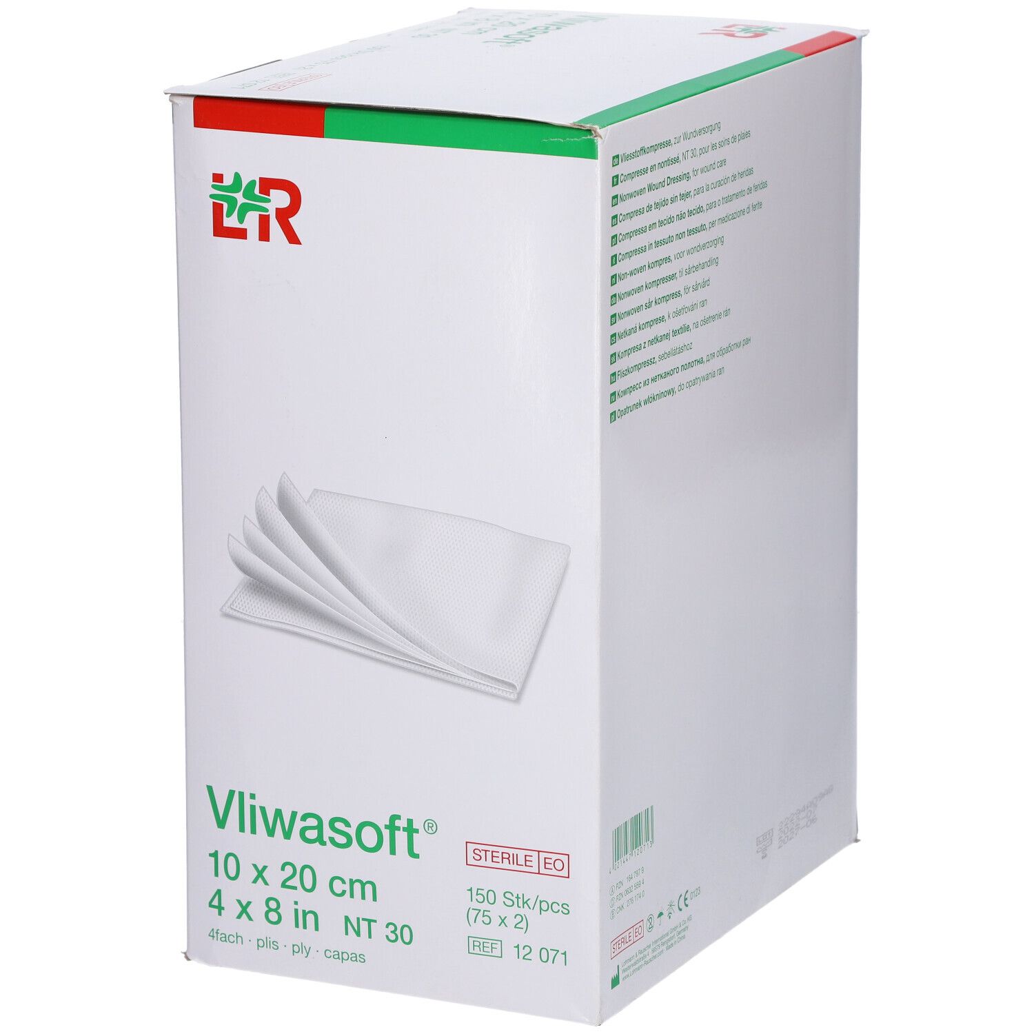 Vliwasoft verbanddoos. 10 x 20 cm, 4 x 8 inch. 150 stuks. Steriel EO. Kompressen en verpakking.