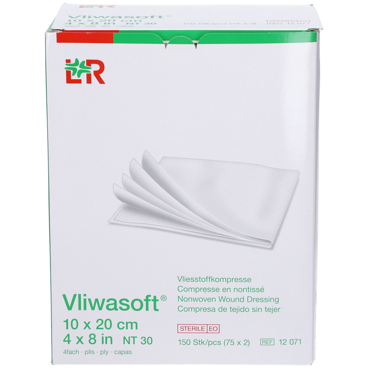 Vliwasoft verbanddoos. 10 x 20 cm, 4 x 8 inch. 150 stuks. Steriel EO. Kompressen en verpakking.