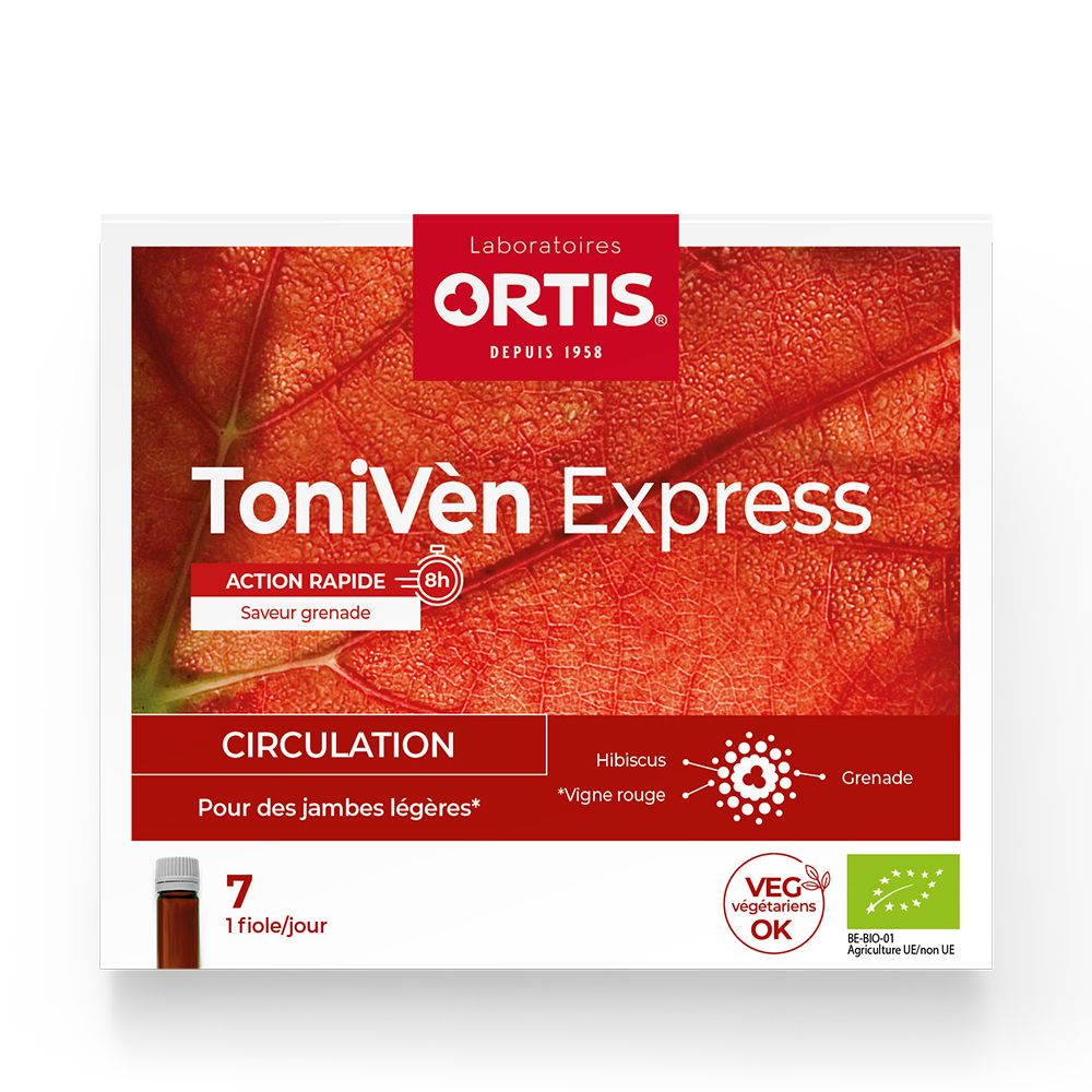 Boîte Ortis ToniVen Express. 7 fioles. Inscription: Circulation, Pour des jambes légères. Label végétarien. Fiole visible.