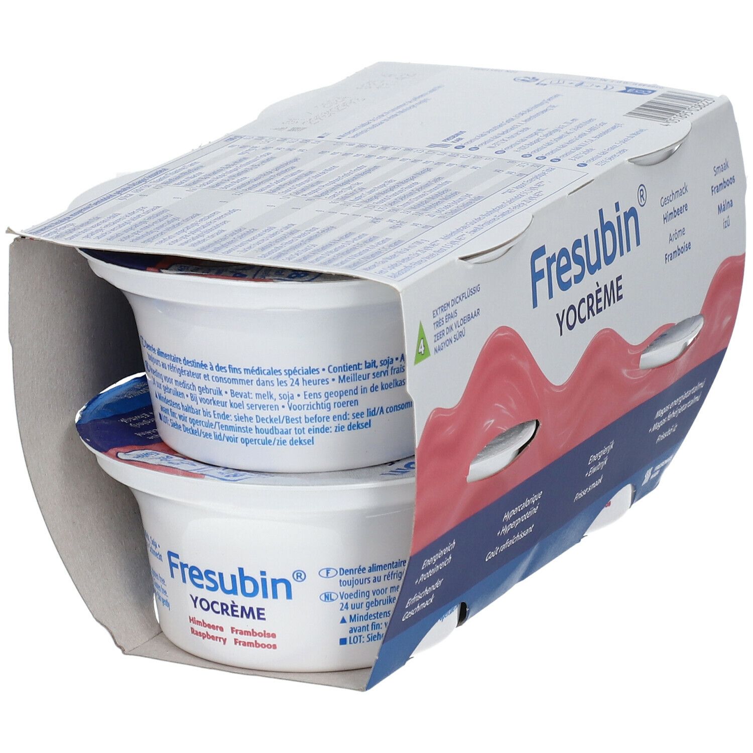 Deux pots de Fresubin Yocreme Framboise dans un emballage carton ouvert. Nom et saveur du produit visibles.