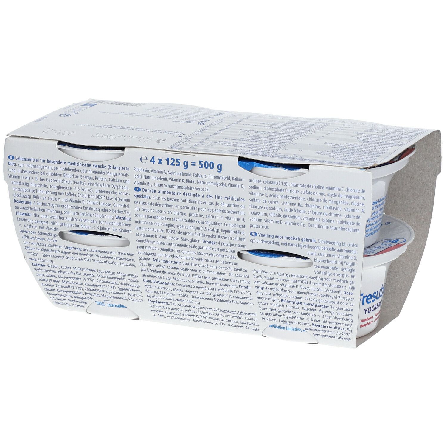 Emballage de Fresubin Yocreme Framboise. Quatre pots dans un emballage carton. Nom et saveur du produit visibles.