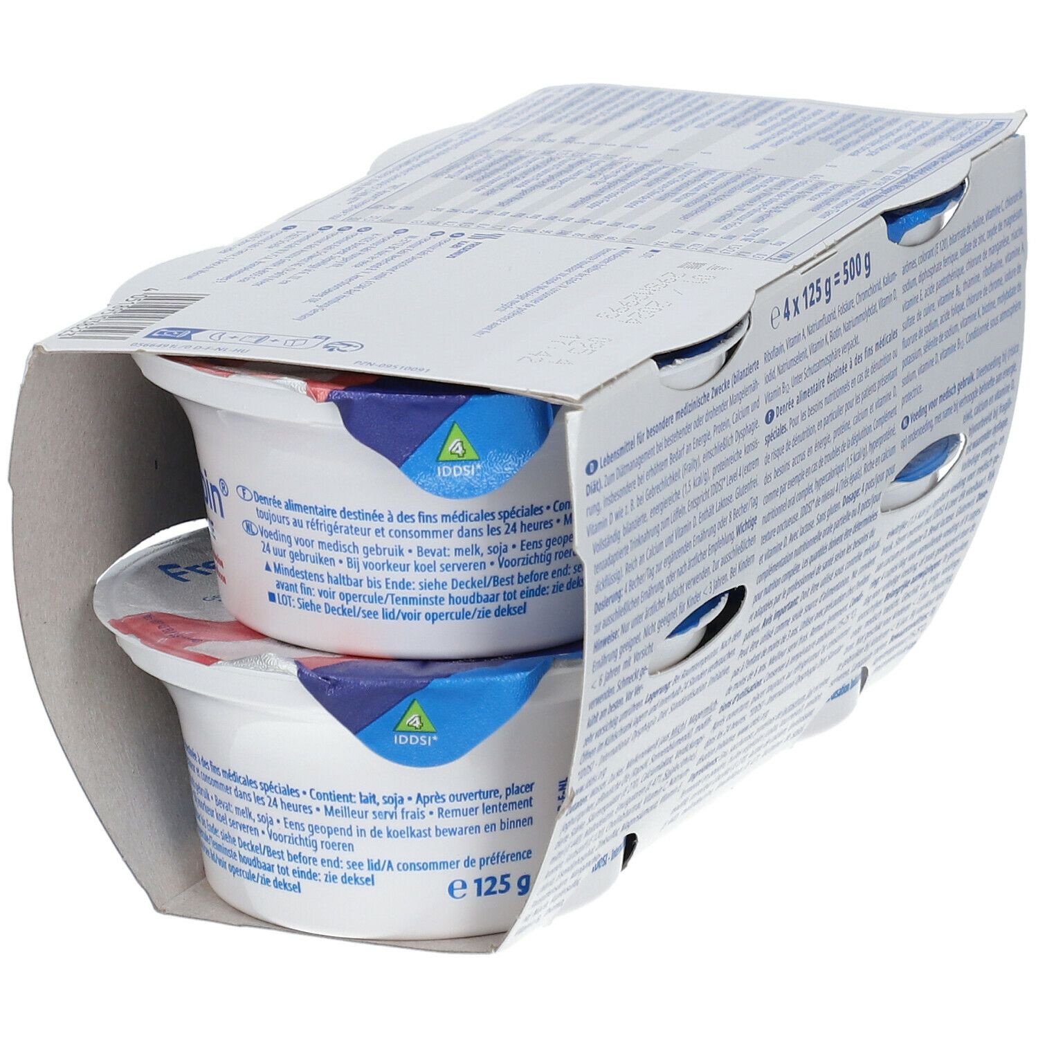 Deux pots de Fresubin Yocreme Framboise dans un emballage carton ouvert. Nom et saveur du produit visibles.