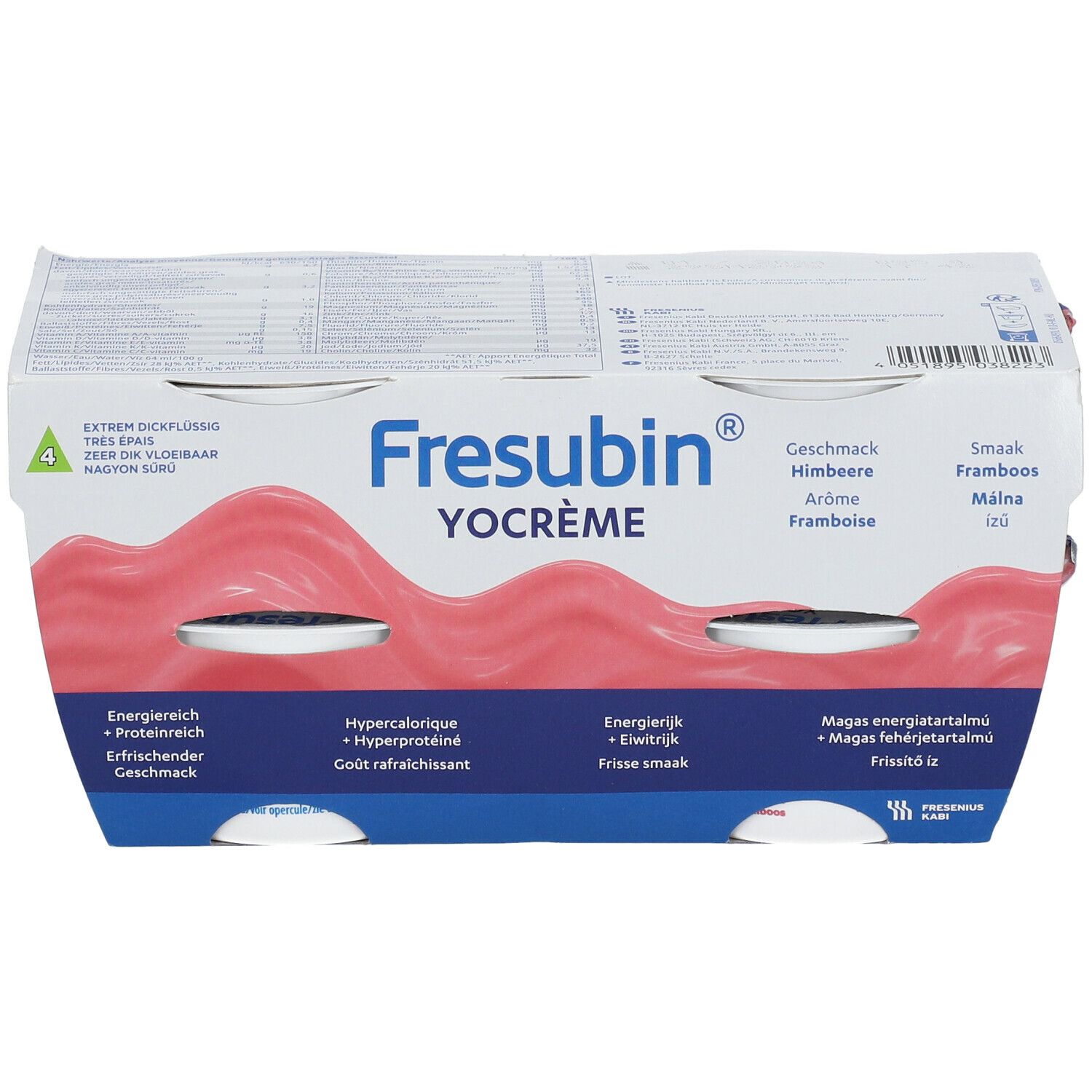 Emballage de Fresubin Yocreme Framboise. Quatre pots dans un emballage carton. Nom et saveur du produit visibles.