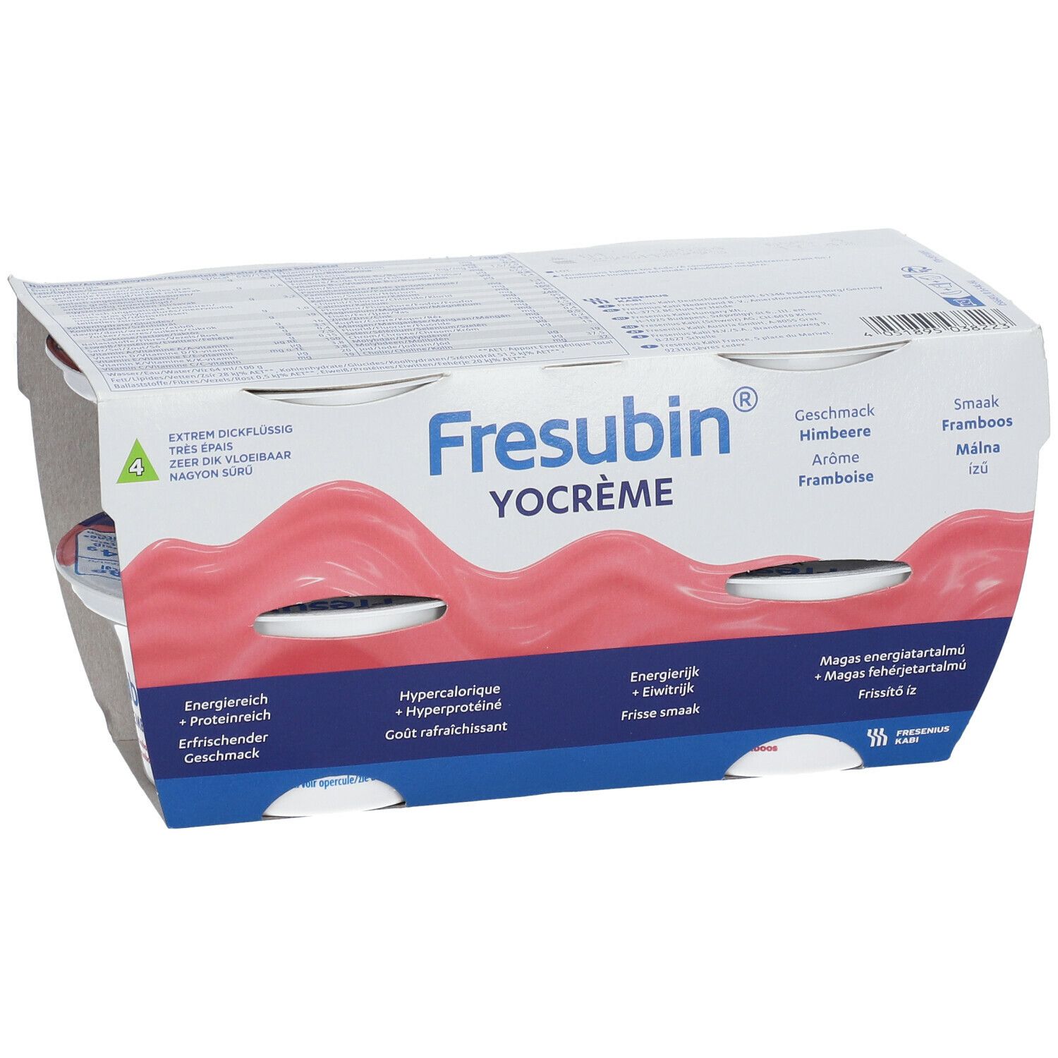 Emballage de Fresubin Yocreme Framboise. Quatre pots dans un emballage carton. Nom et saveur du produit visibles.