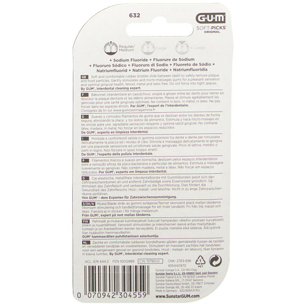 Dos de l'emballage GUM Soft-Picks. Texte multilingue, dont le français. Nom et logo du produit visibles.