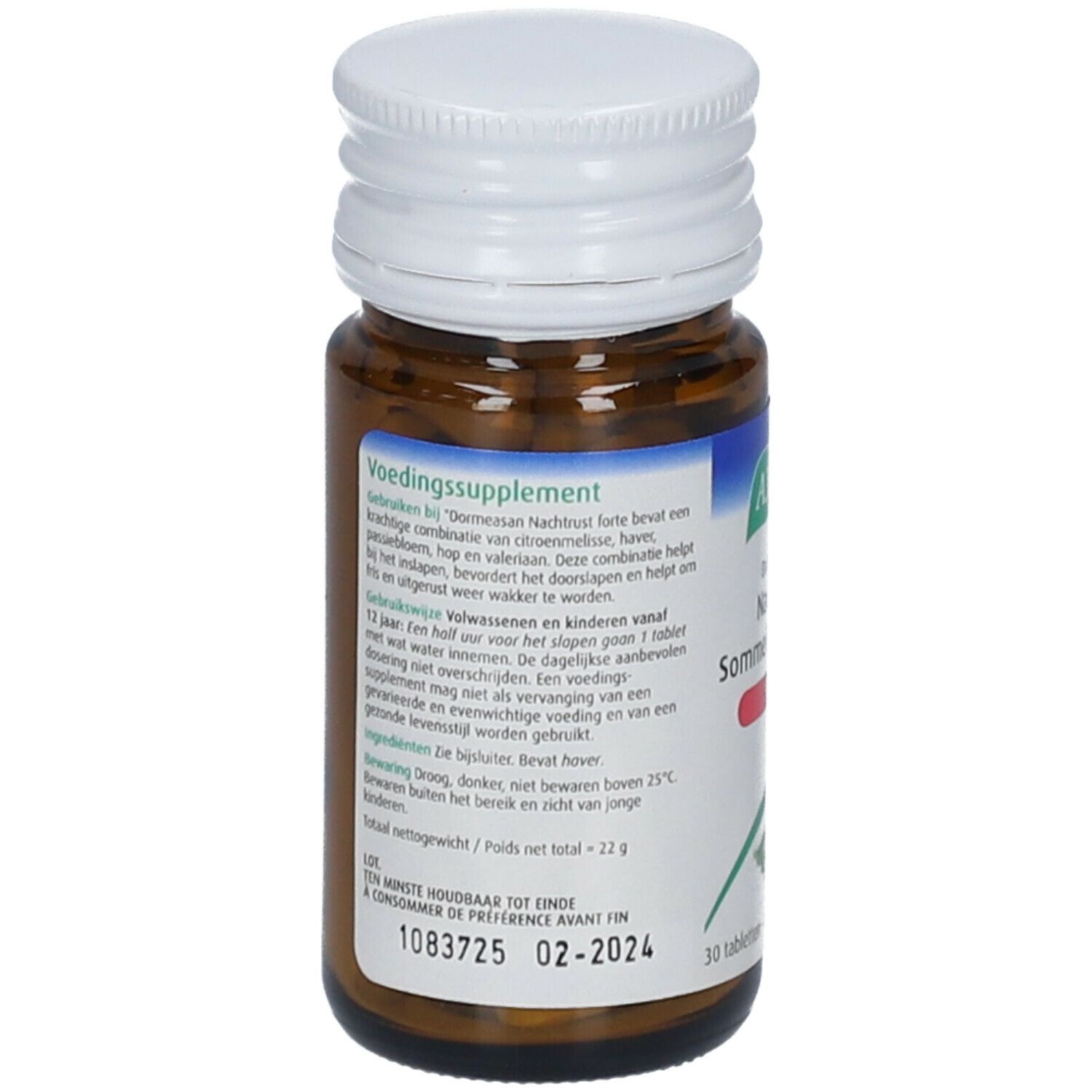 Achterkant van bruine glazen fles met witte dop. Tekstinformatie. A.Vogel Dormeasan Nachtrust forte. 30 tabletten.