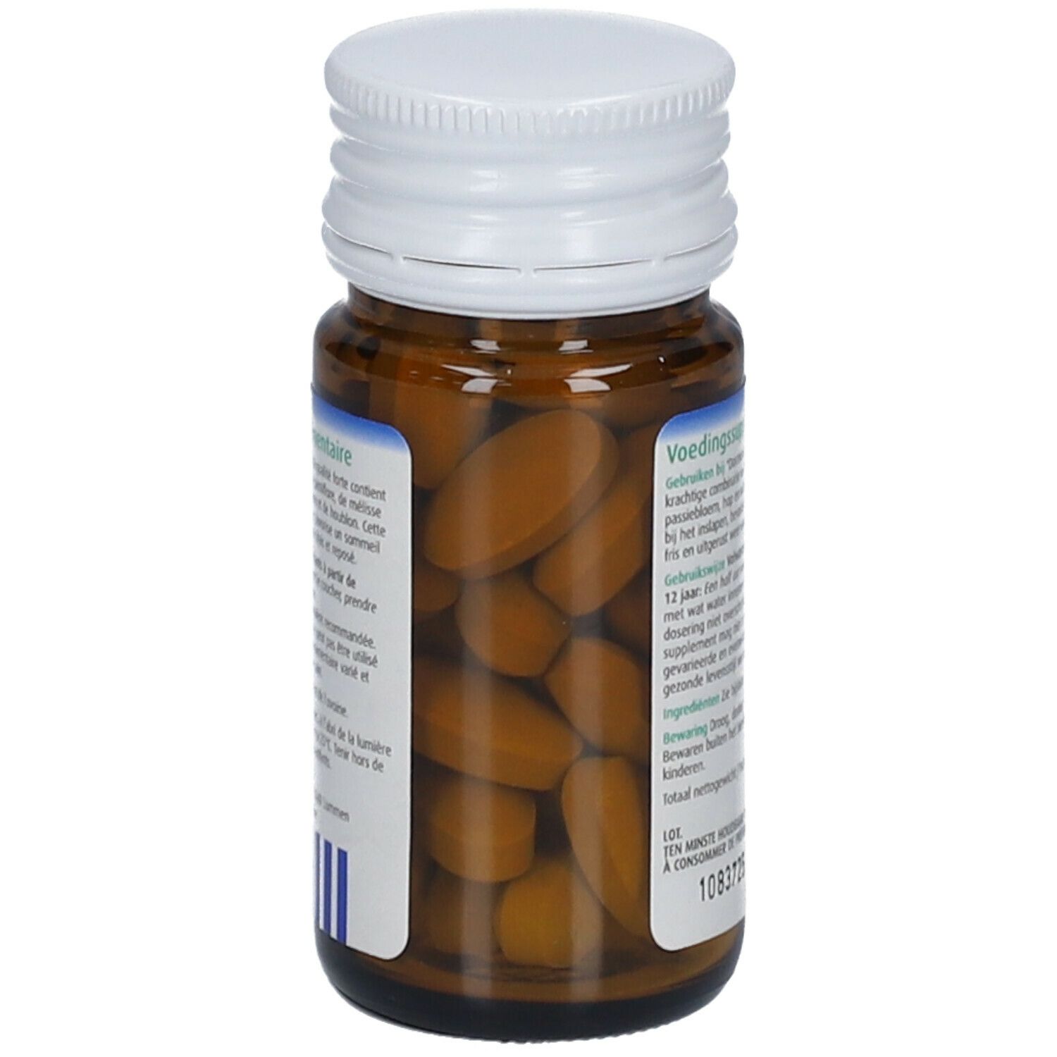 Bruine glazen fles met witte dop. Tabletten zichtbaar. A.Vogel Dormeasan Nachtrust forte. 30 tabletten.