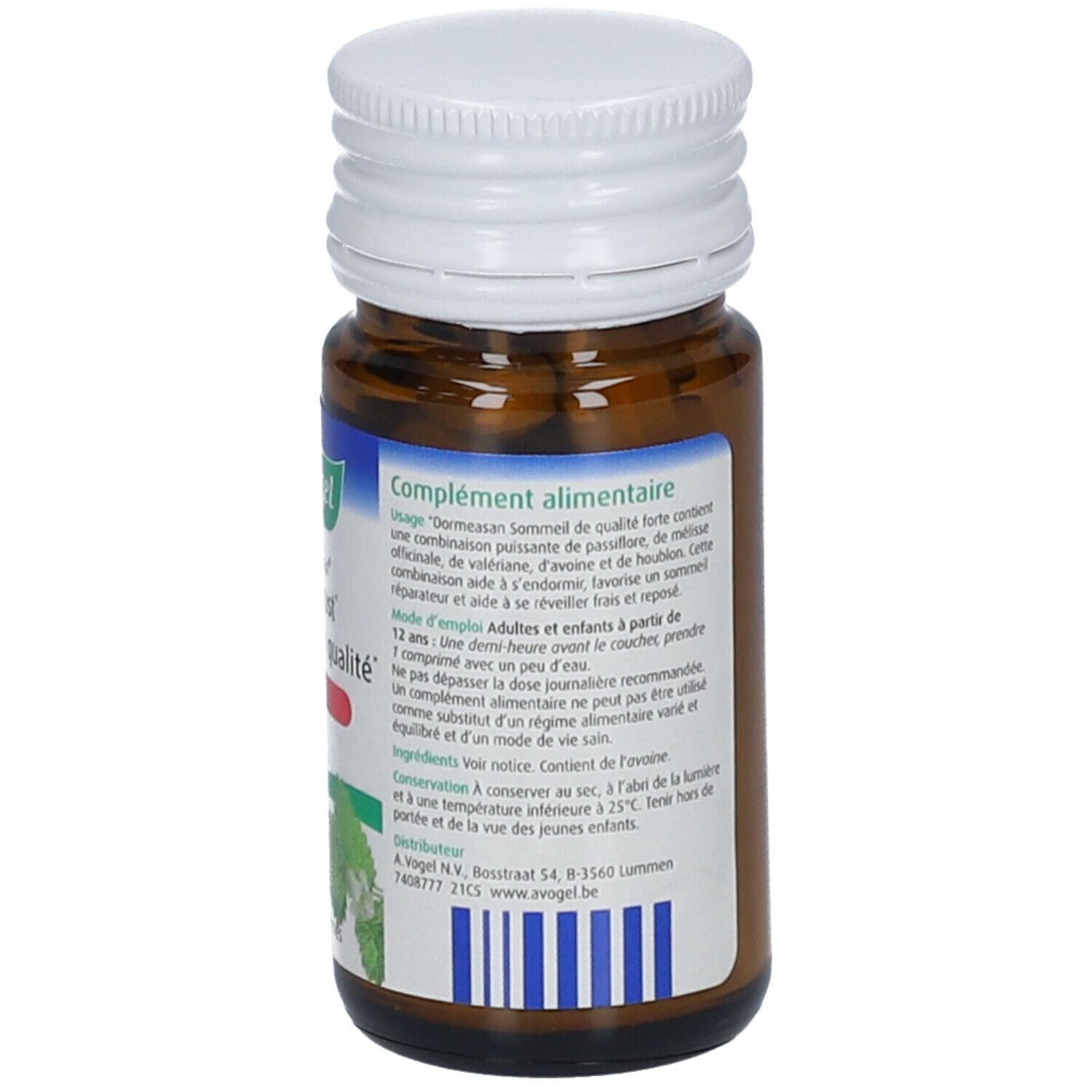 Achterkant van bruine glazen fles met witte dop. Tekstinformatie. A.Vogel Dormeasan Nachtrust forte. 30 tabletten.