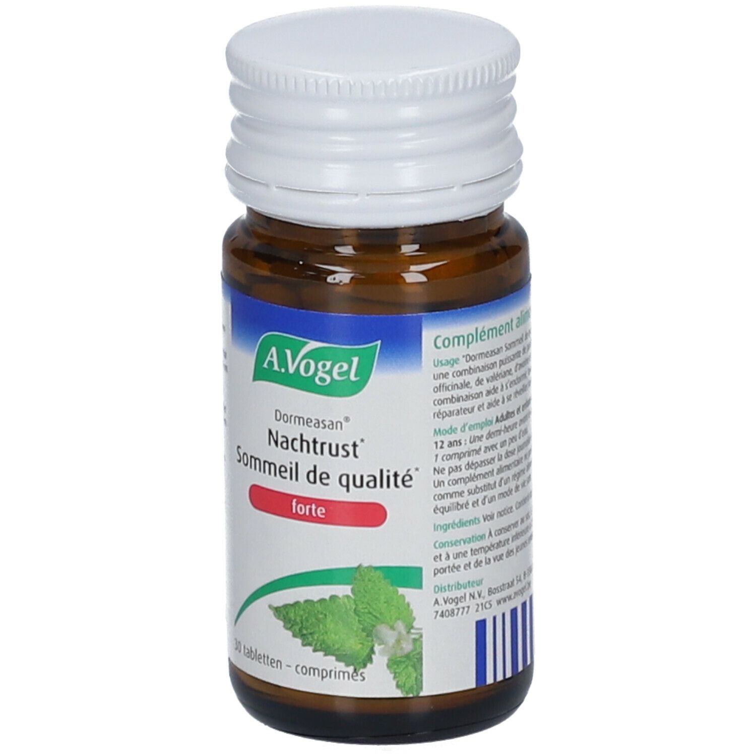 Bruine glazen fles met witte dop. A.Vogel Dormeasan Nachtrust forte. 30 tabletten. Illustratie van munt.