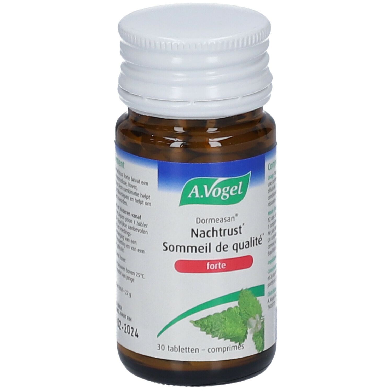 Bruine glazen fles met witte dop. A.Vogel Dormeasan Nachtrust forte. 30 tabletten. Illustratie van munt.