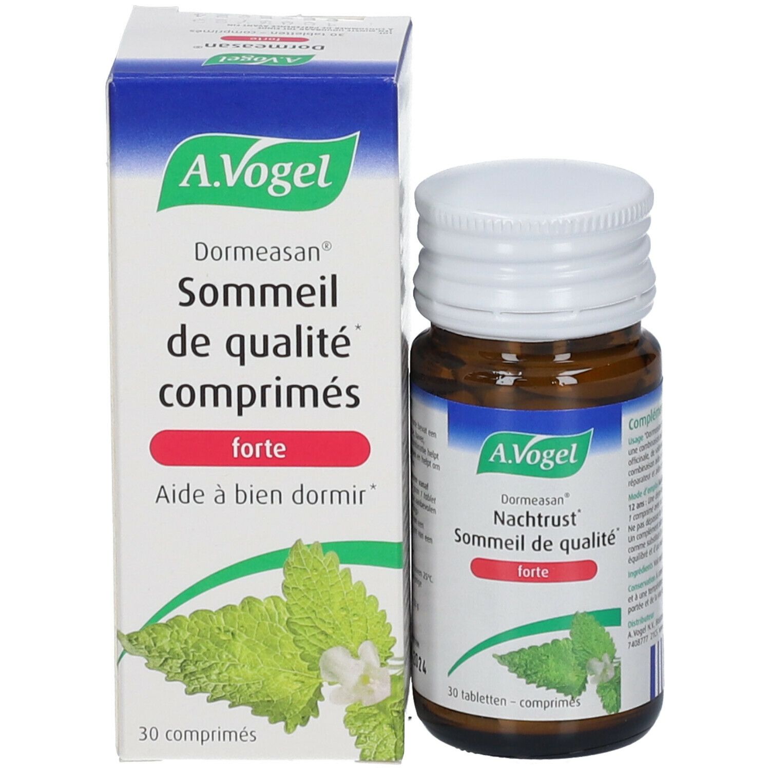 A.Vogel Dormeasan Nachtrust forte fles en doos. 30 tabletten. Munt illustratie. Doos met tekst.