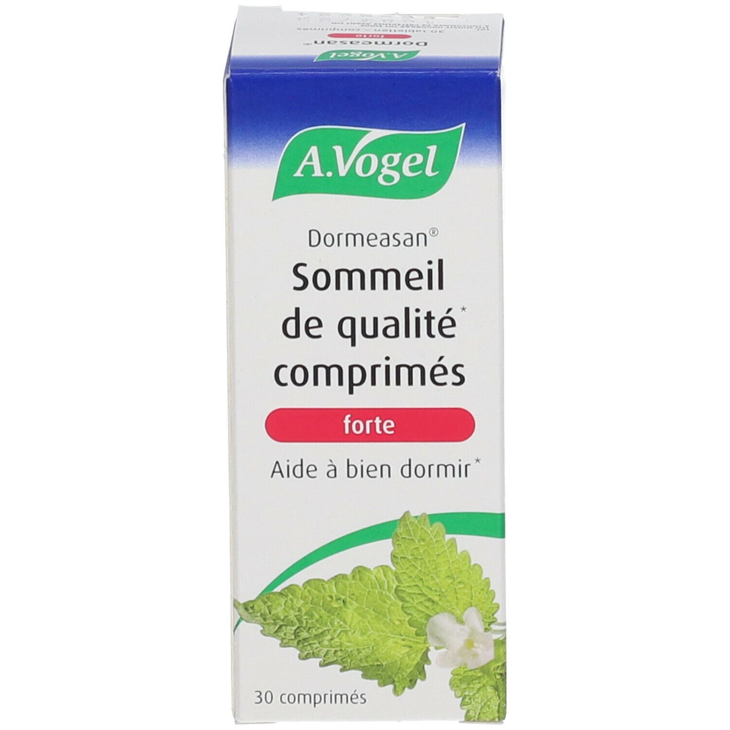 A.Vogel Dormeasan Nachtrust forte doos. 30 tabletten. Munt illustratie. Tekst en logo.