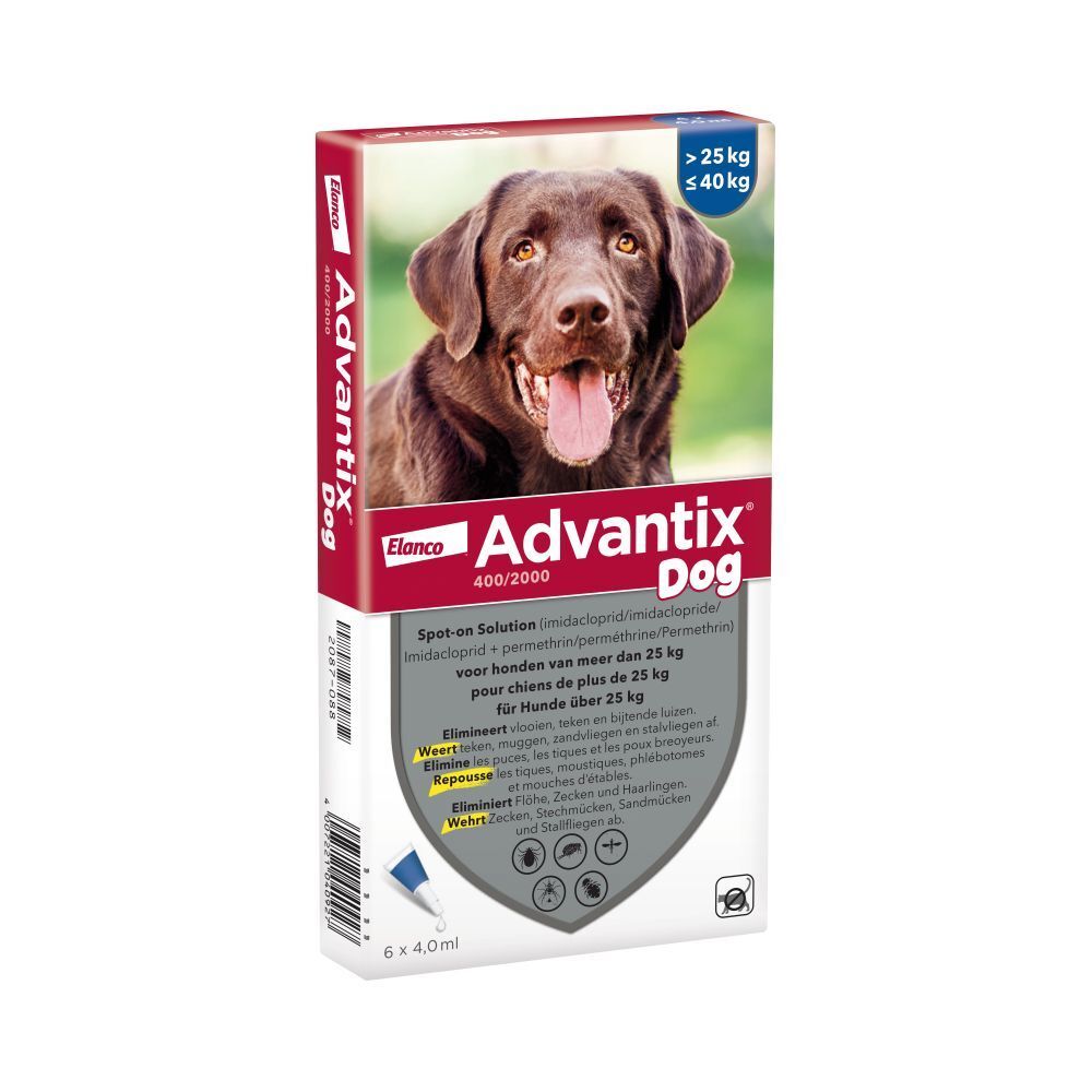 Boîte avec image du produit et nom. Contient des informations pour chiens de plus de 25 kg.